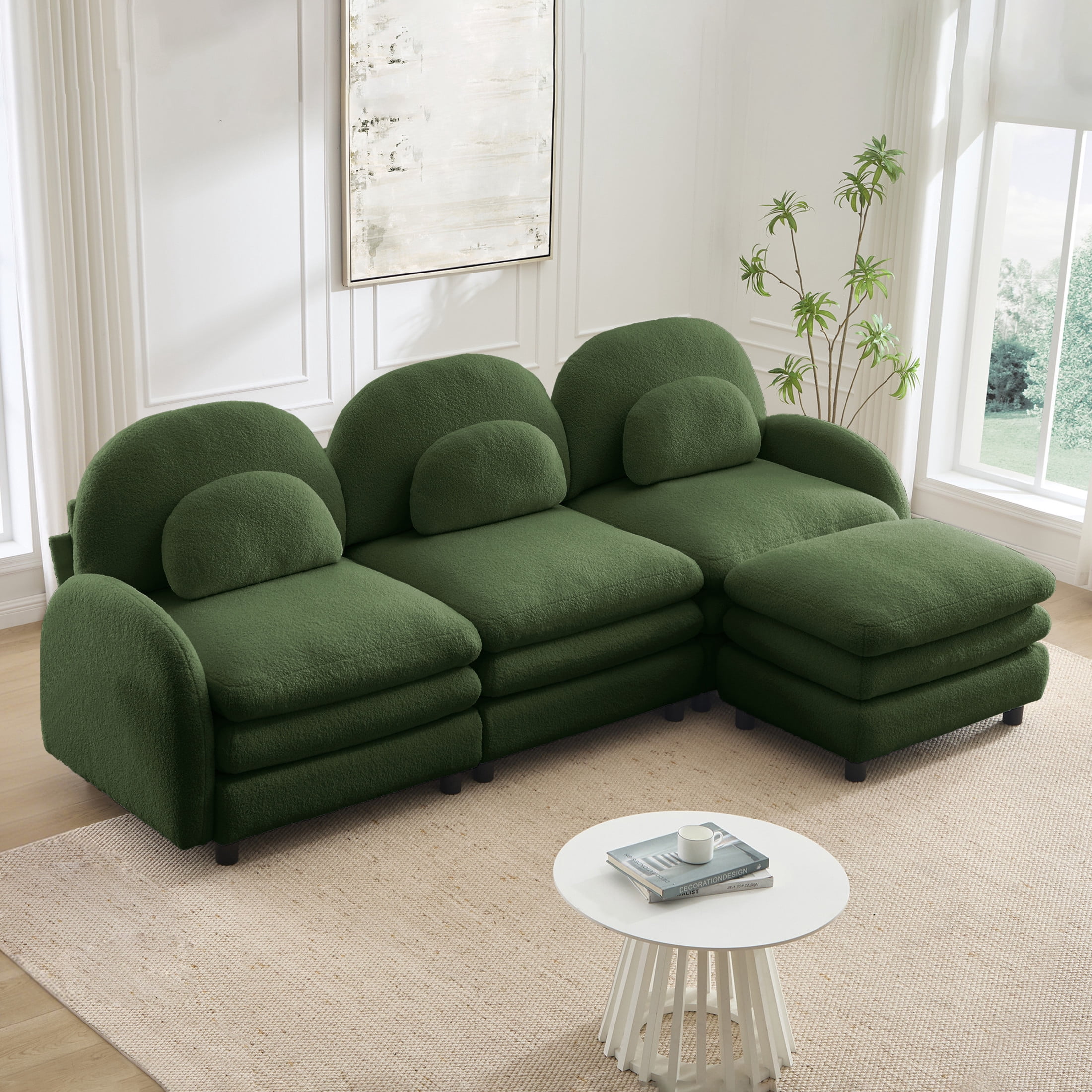 Noble House Windsor Teddy Fabric 3-Seater Sectional Sofa, Modular Cloud Couch with Ottoman and Lumbar Pillows, Green