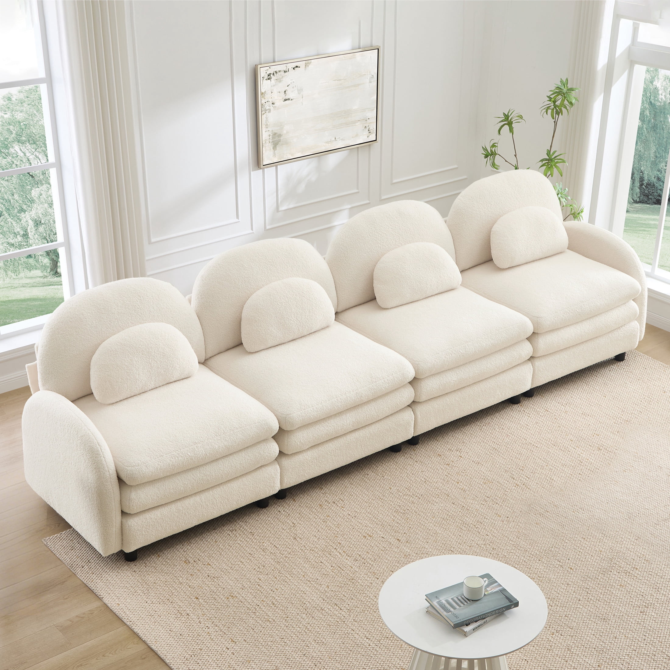 Noble House Windsor Teddy Fabric 4-Seater Sectional Sofa, Modular Cloud Couch with Lumbar Pillows, Beige