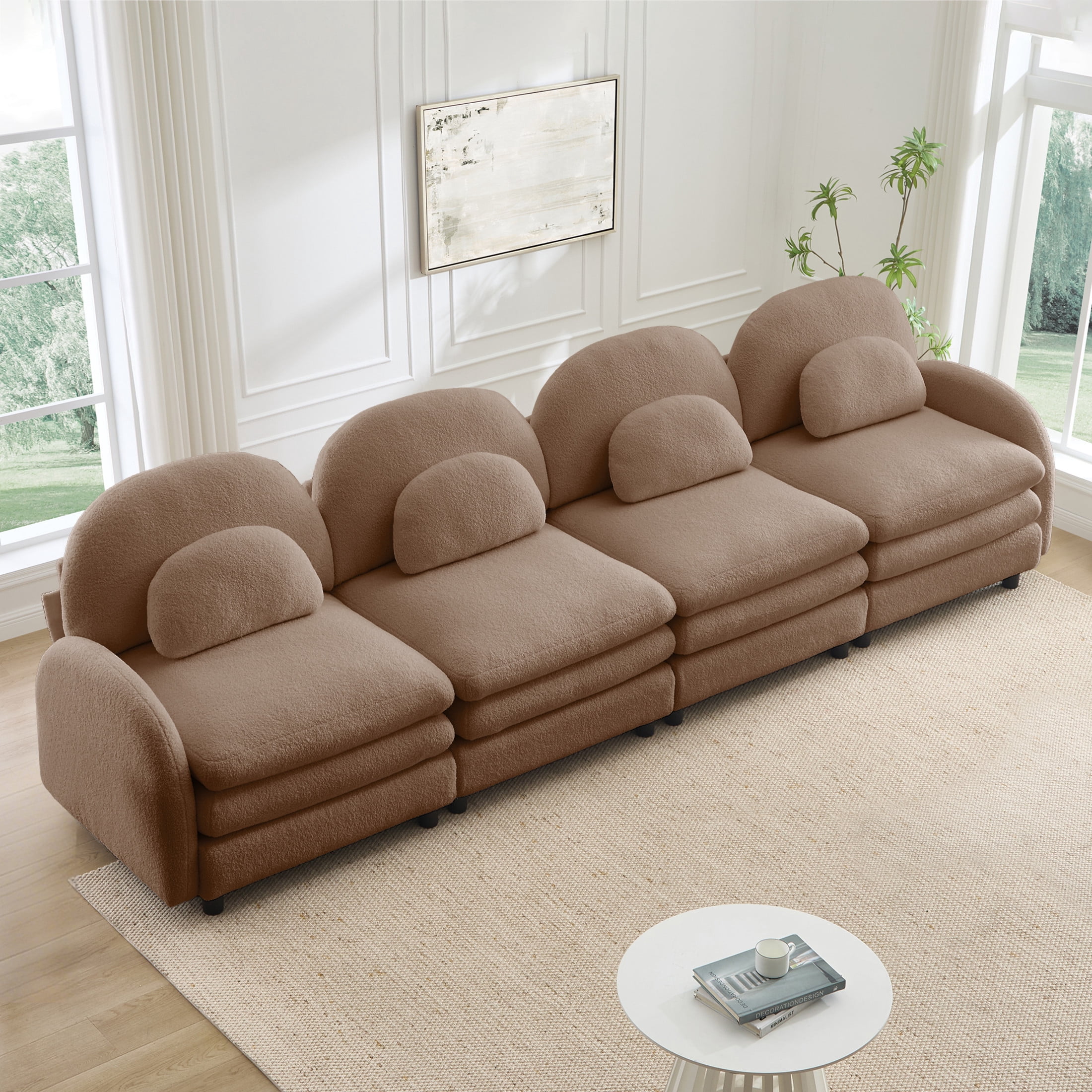 Noble House Windsor Teddy Fabric 4-Seater Sectional Sofa, Modular Cloud Couch with Lumbar Pillows, Camel