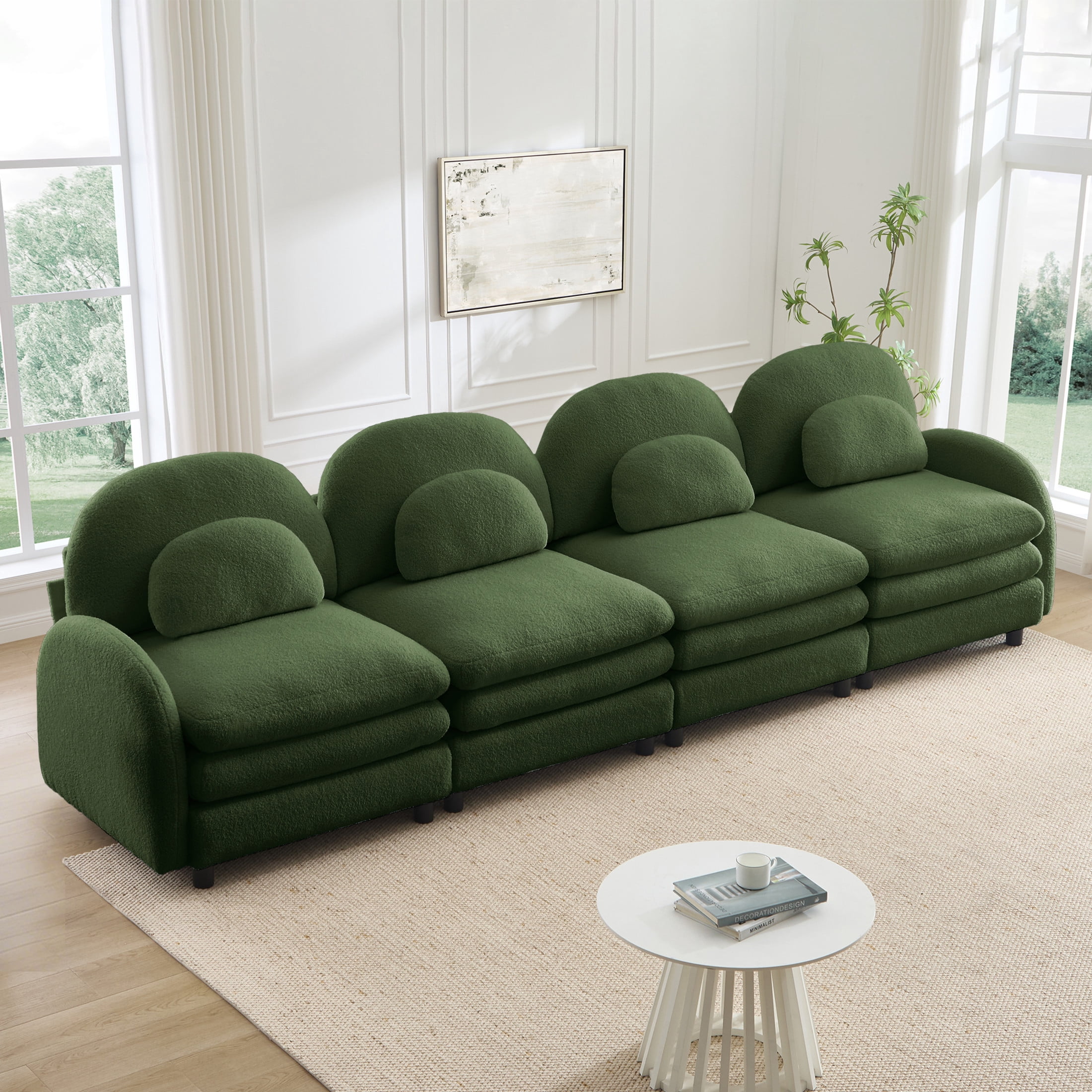 Noble House Windsor Teddy Fabric 4-Seater Sectional Sofa, Modular Cloud Couch with Lumbar Pillows, Green