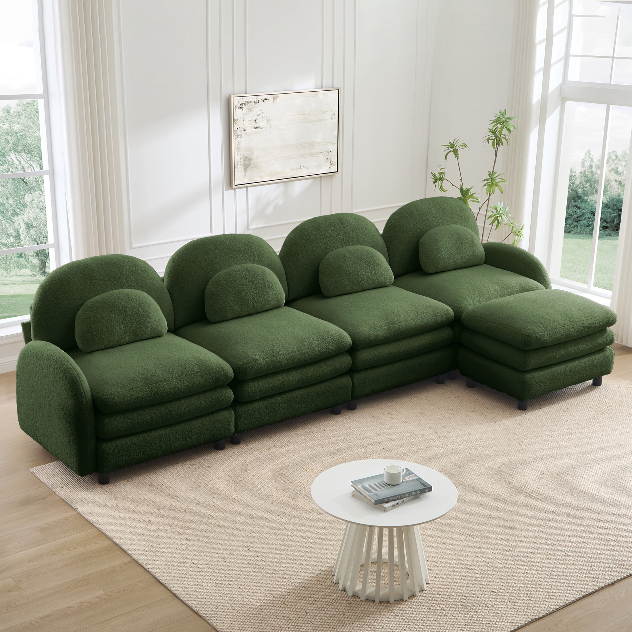 Noble House Windsor Teddy Fabric 4-Seater Sectional Sofa, Modular Cloud Couch with Ottoman and Lumbar Pillows, Green