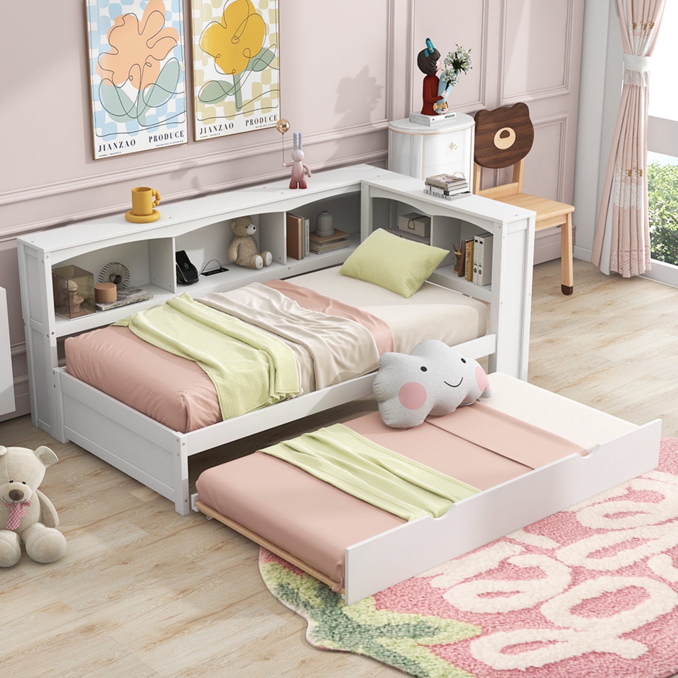 Noble House Windsor Twin Daybed with Storage Cabinets, Pull-Out Trundle and USB Charging Station, White