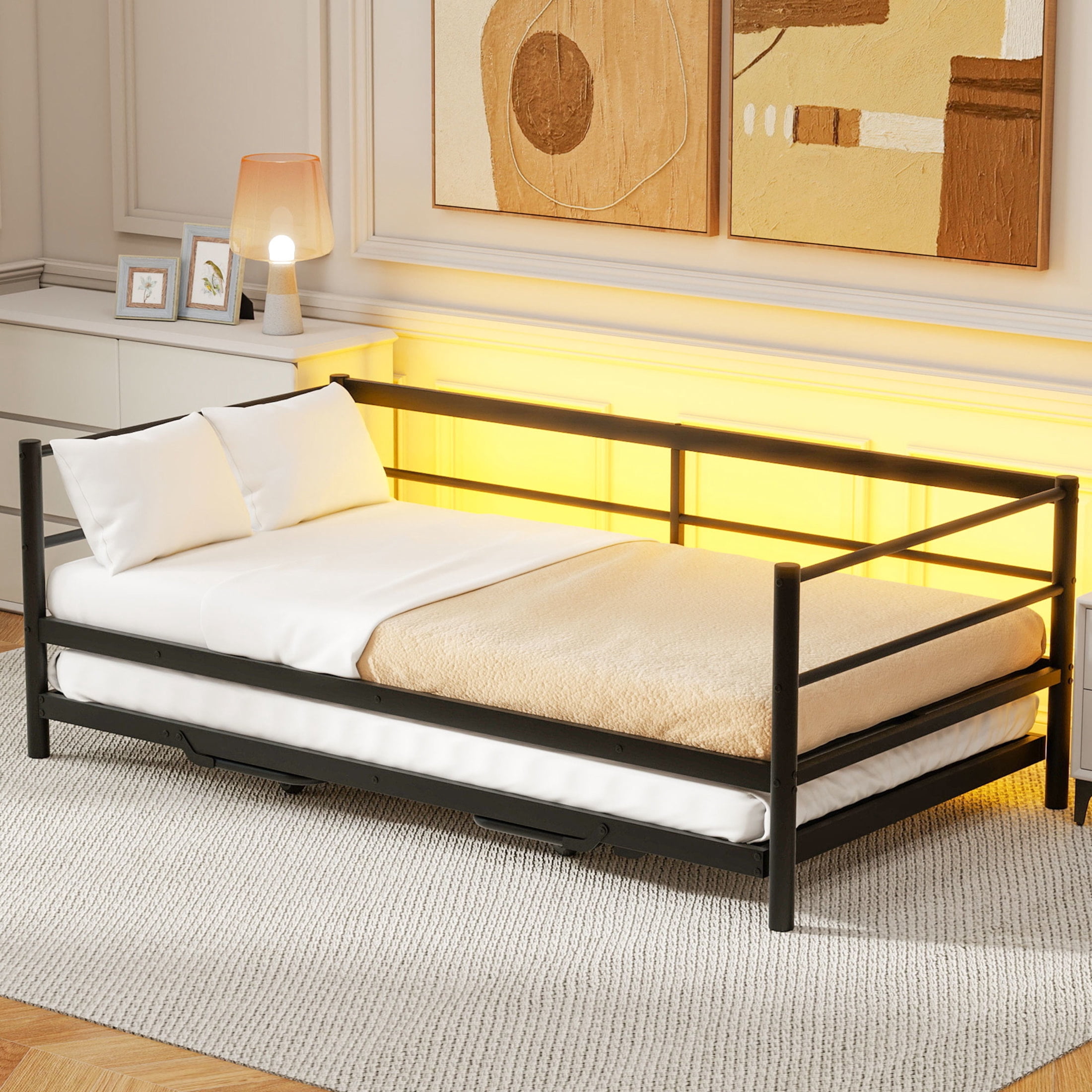 Noble House Windsor Twin Industrial Metal Daybed, Pop-Up Trundle and LED Lighting, Heavy-Duty Steel, Black