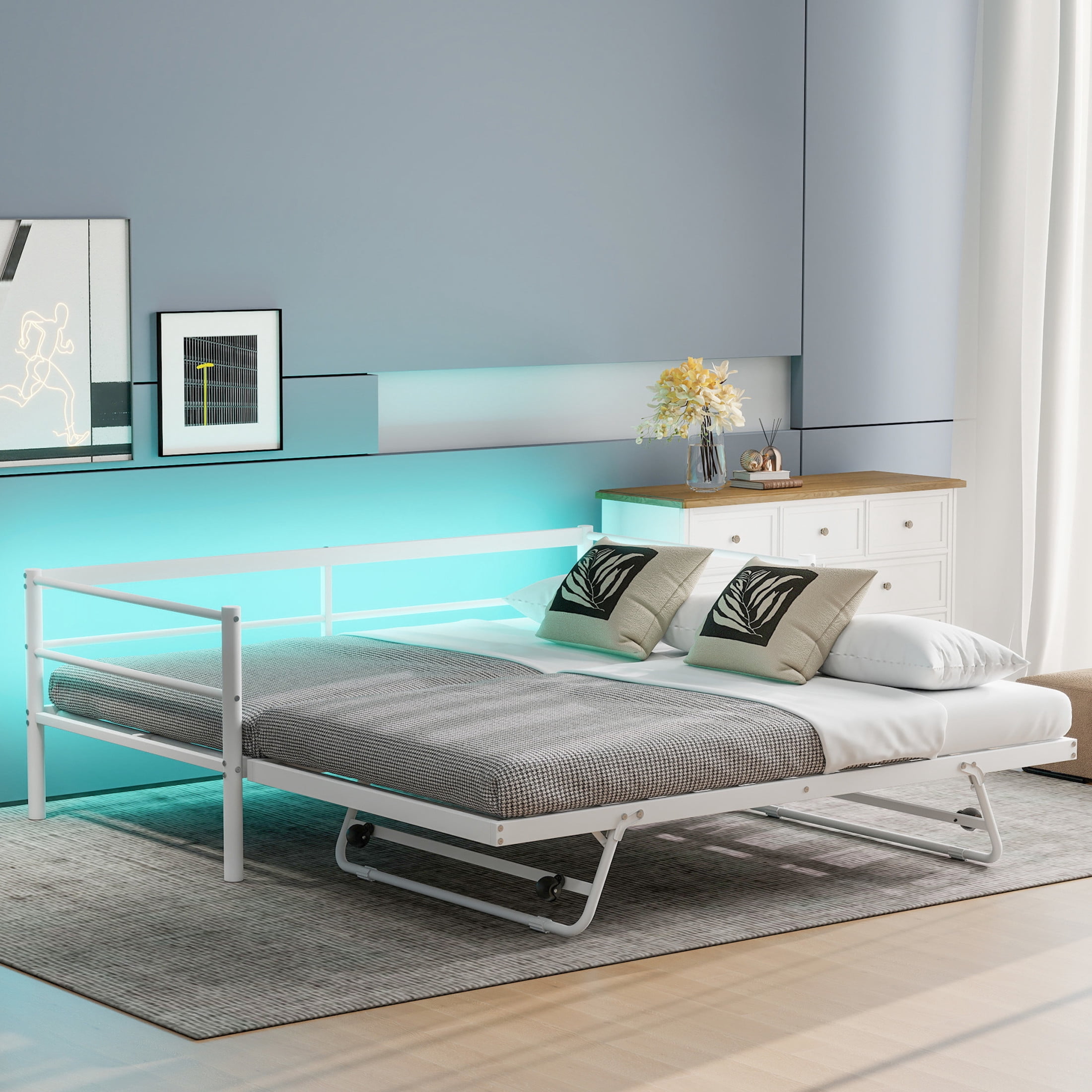 Noble House Windsor Twin Industrial Metal Daybed, Pop-Up Trundle and LED Lighting, Heavy-Duty Steel, White