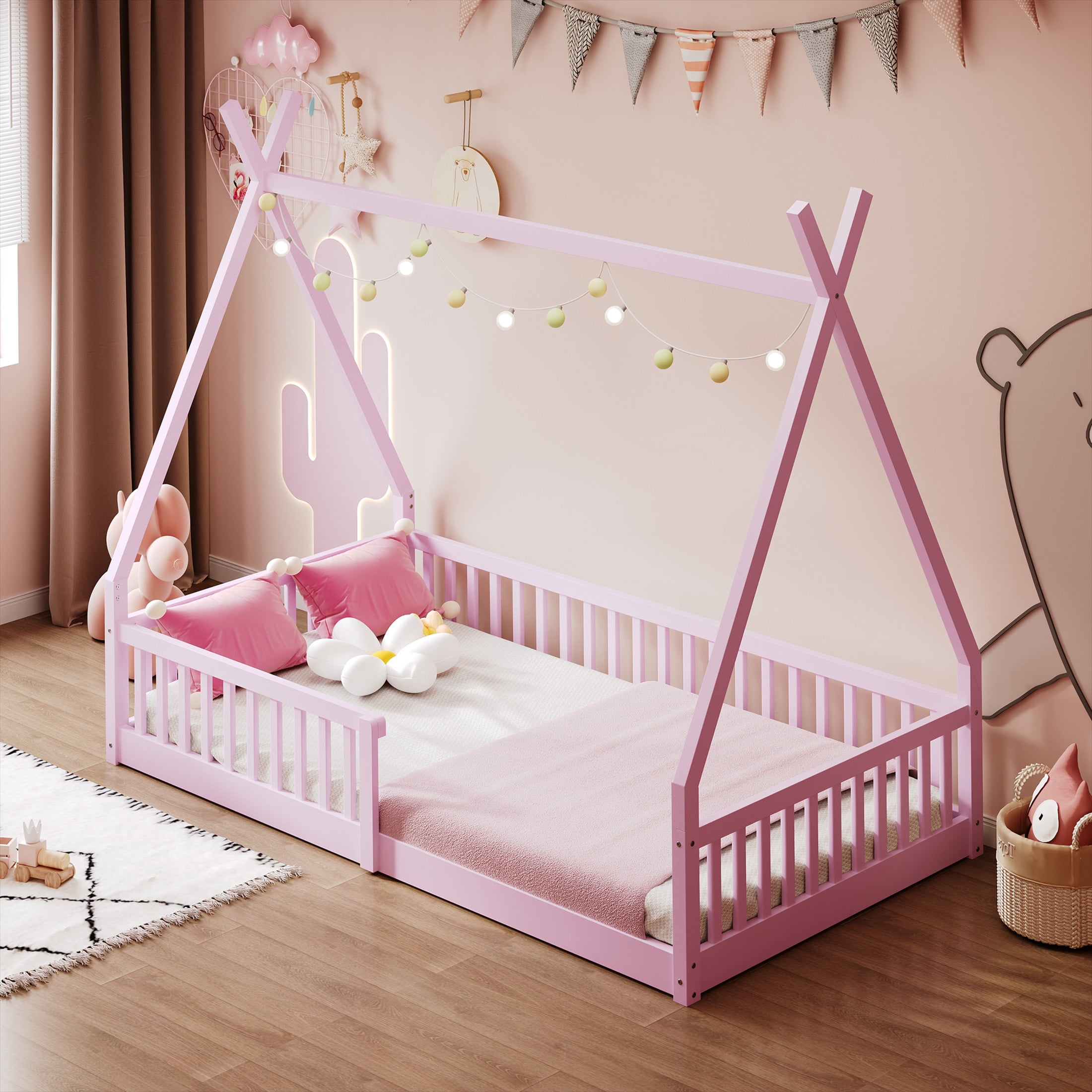 Noble House Windsor Twin Size Pine Wood House Bed with Fence, Distressed Washed Frame with Sky Roof, Pink