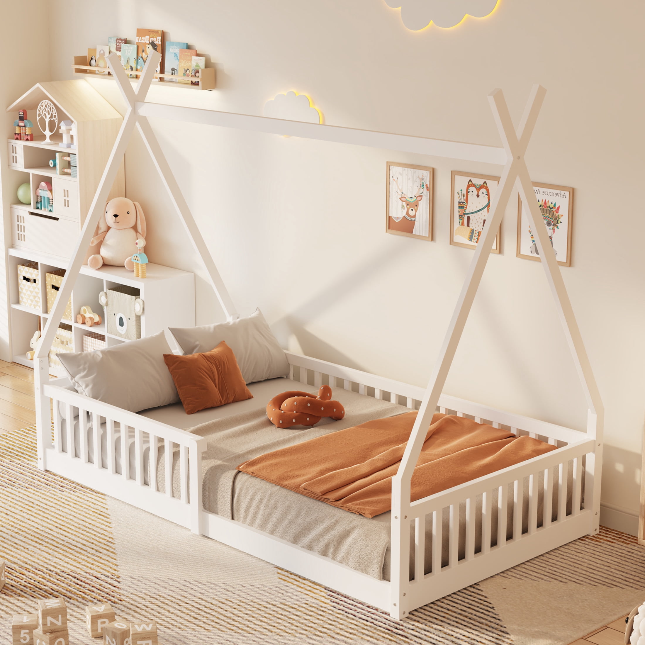 Noble House Windsor Twin Size Pine Wood House Bed with Fence, Distressed Washed Frame with Sky Roof, White