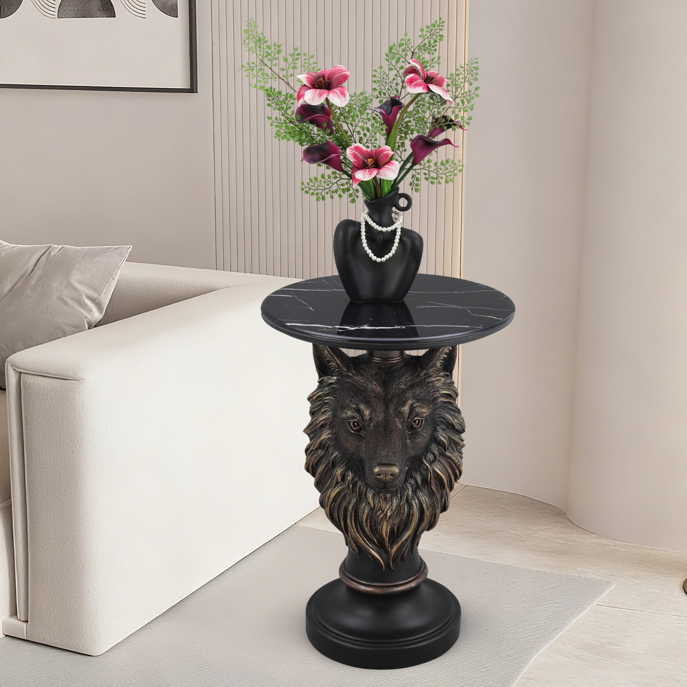Noble House Wolf Head Accent Table, Animal Statue End Table with Faux Marble Tabletop for Living Room, Antique Brown