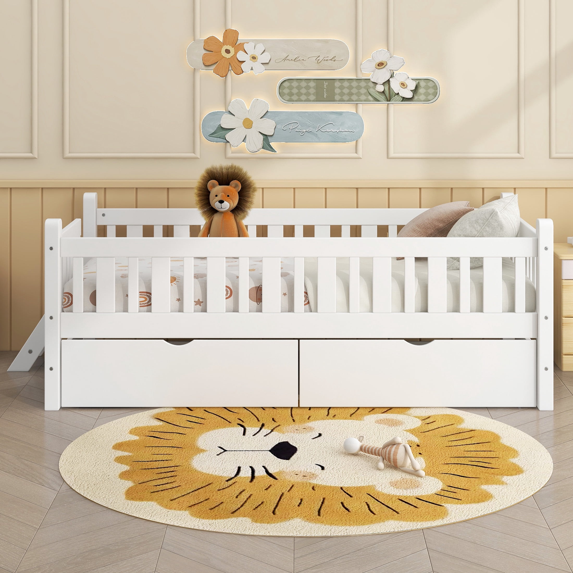 Noble House Wood Twin Platform Bed, Semi-Enclosed Fence Guardrail Bed with Storage Drawers, Solid Pine Wood, White