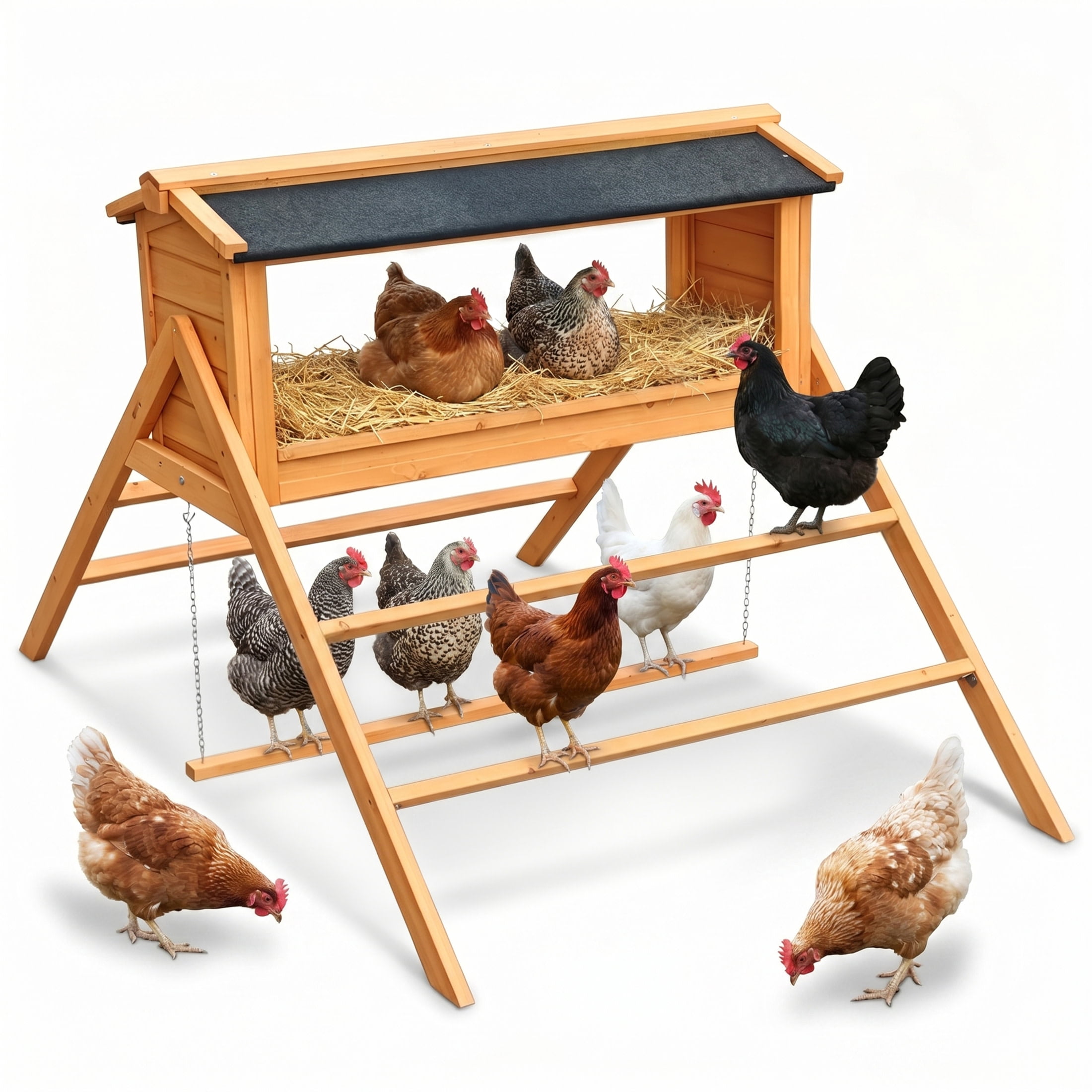 Noble House Wooden Chicken Nesting Box with Asphalt Roof, Perch & Chicken Swing for Hens and Chickens