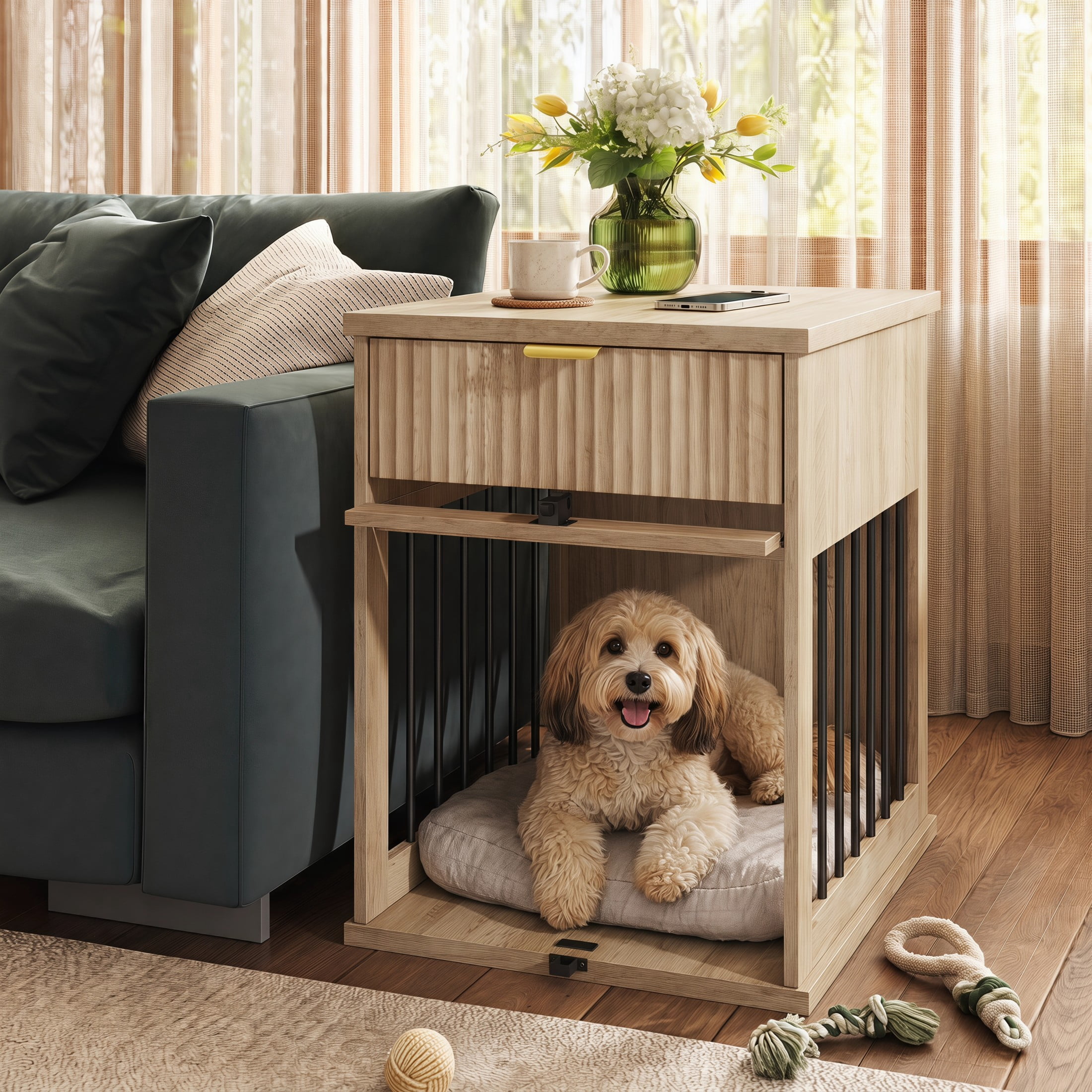 Noble House Wooden Dog Crate End Table with Charging Station & Glass Door, Pet Station Side Table, Antique Grey