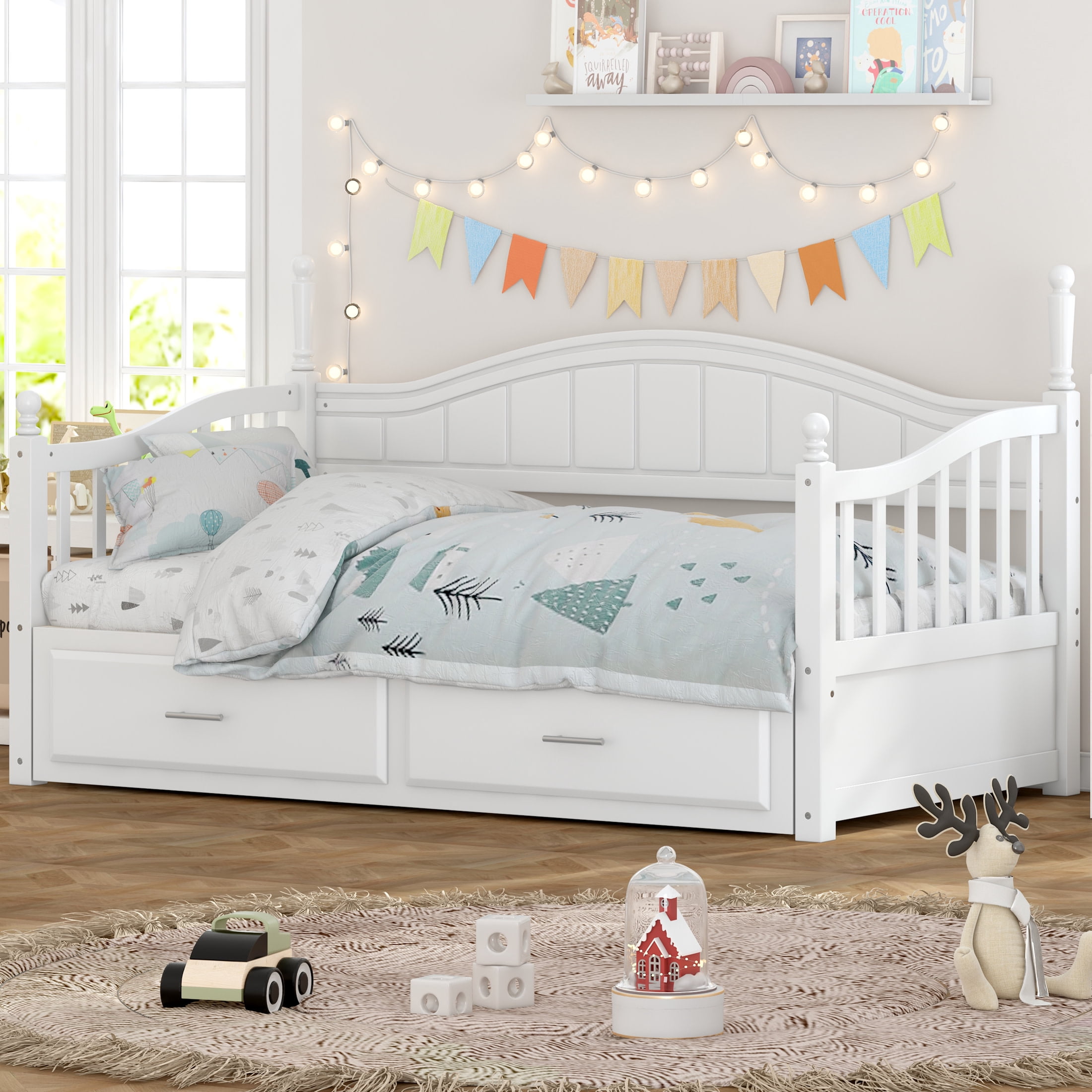 Noble House Wooden Twin Size Daybed with Twin Size Trundle, Extendable Daybed with Two Storage Drawers,White