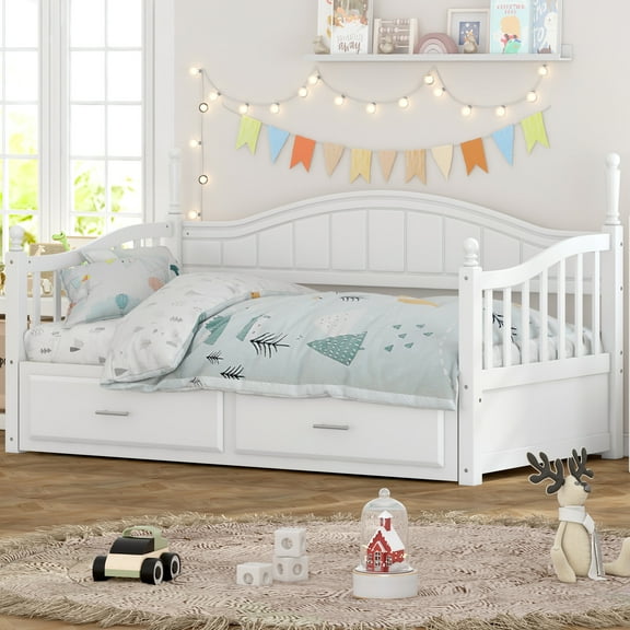 Noble House Wooden Twin Size Daybed with Twin Size Trundle, Extendable Daybed with Two Storage Drawers,White