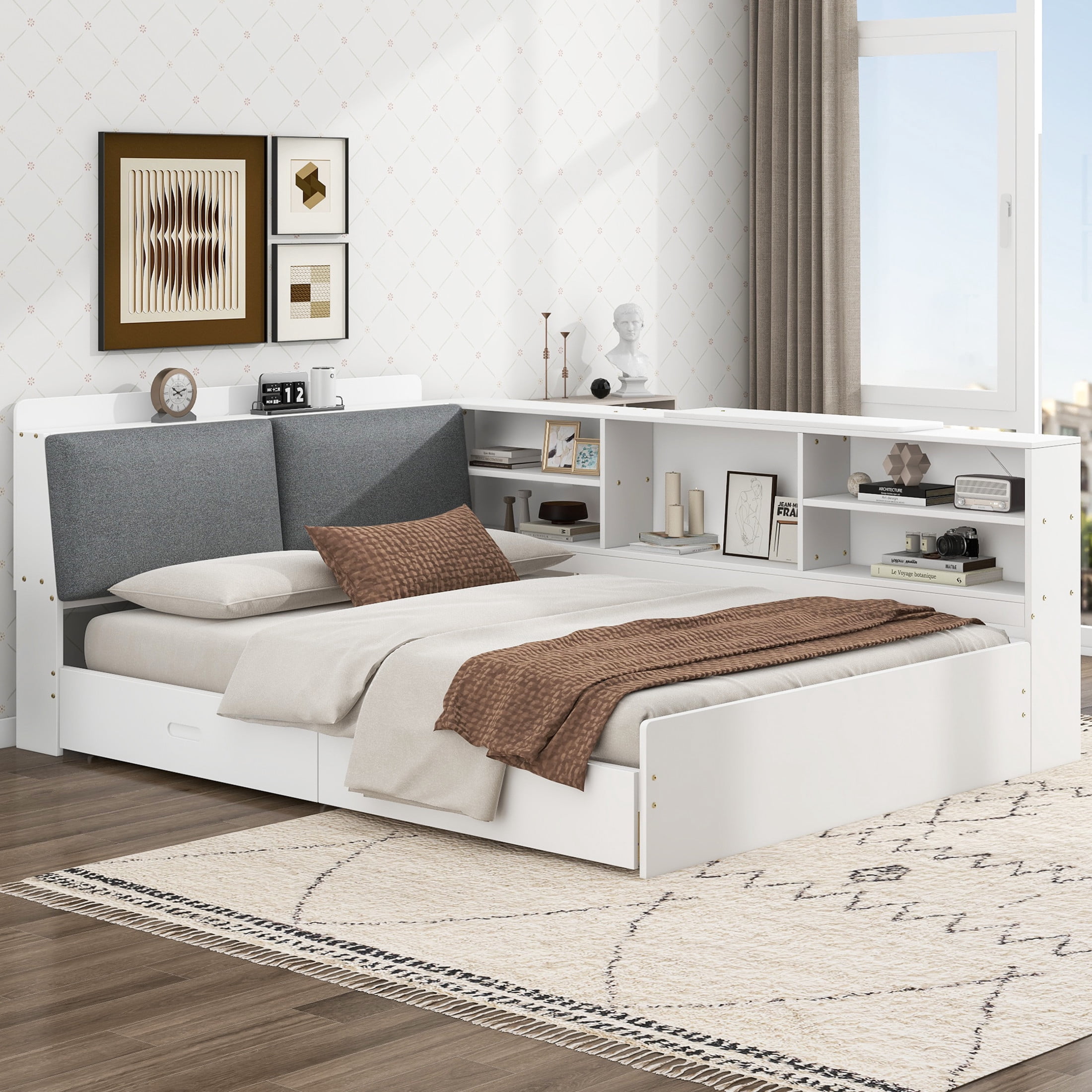 Noble House Wrene Full Size Wood Platform Bed, Storage Headboard Shelves with 2 Drawers and Rotatable Board, White