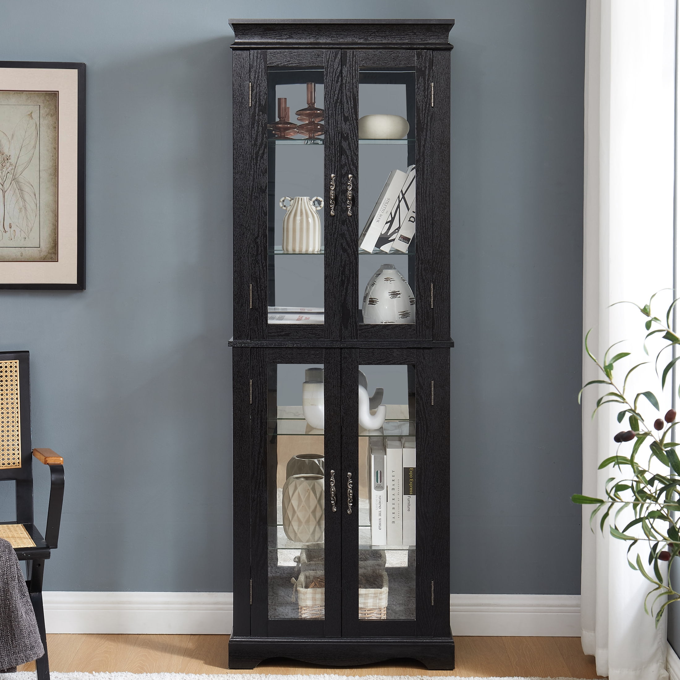 Noble House Wrenhill 70" Lighted Glass Curio Display Cabinet, 6-Tier Adjustable Shelves Wood Frame, Kitchen, Black
