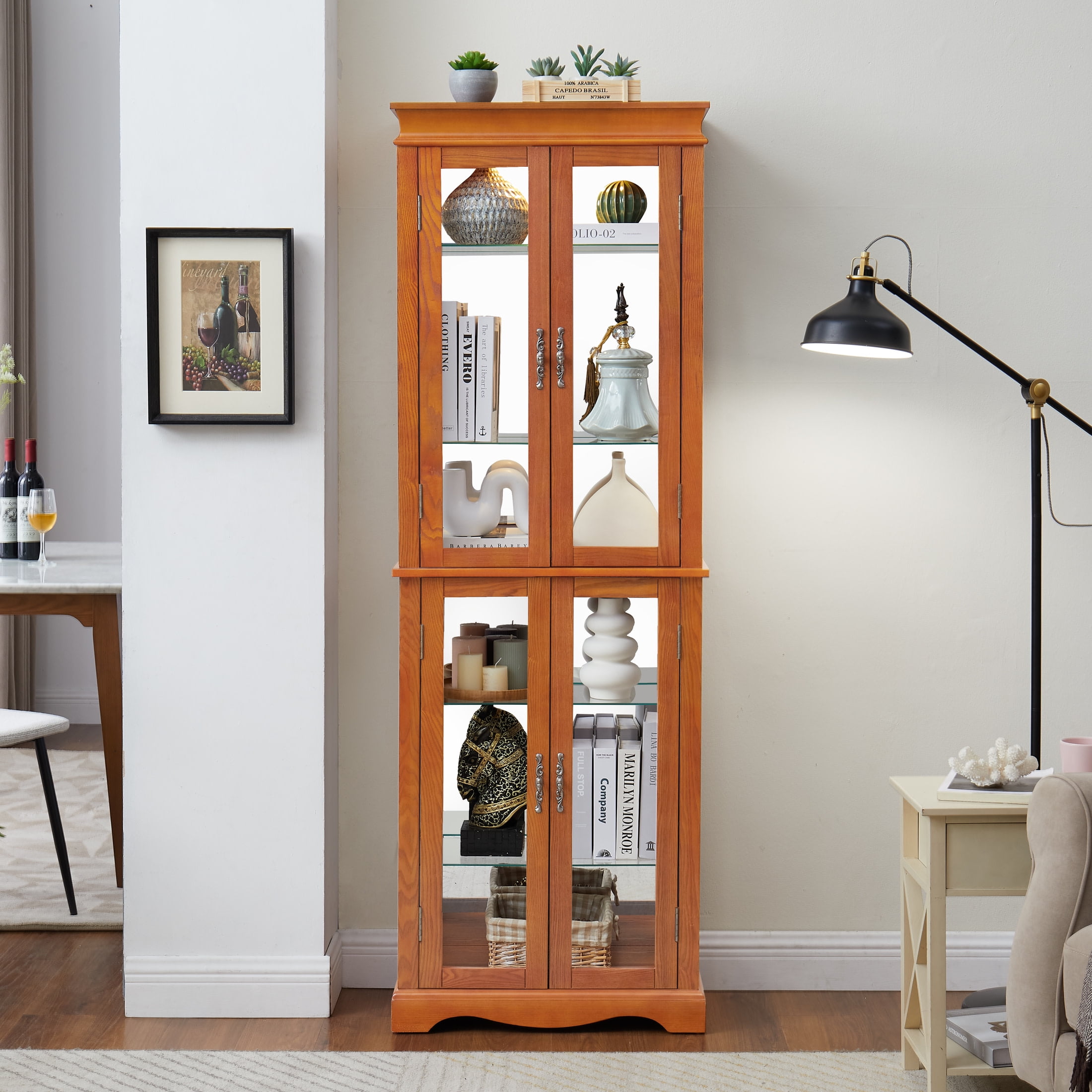 Noble House Wrenhill 70" Lighted Glass Curio Display Cabinet, 6-Tier Adjustable Shelves Wood Frame, Kitchen, Dark Oak
