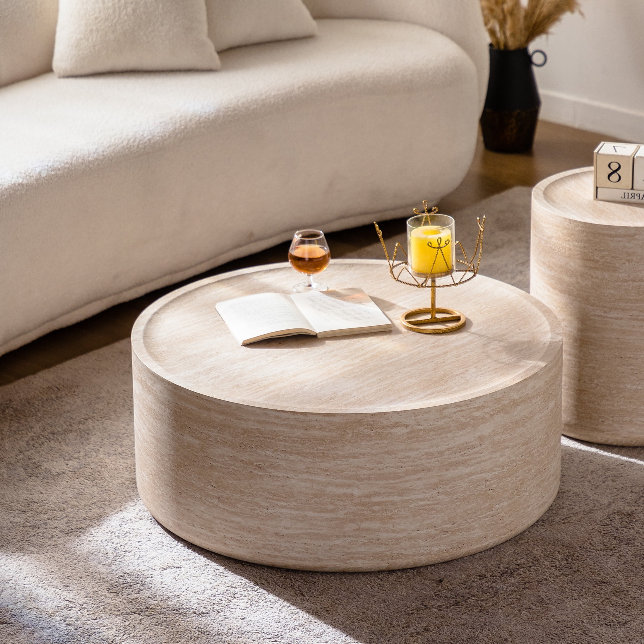 Noble House Xandric 31.5" Round Drum Coffee Table with Mars Pattern, Modern Magnesium Oxide Accent Table, Amber