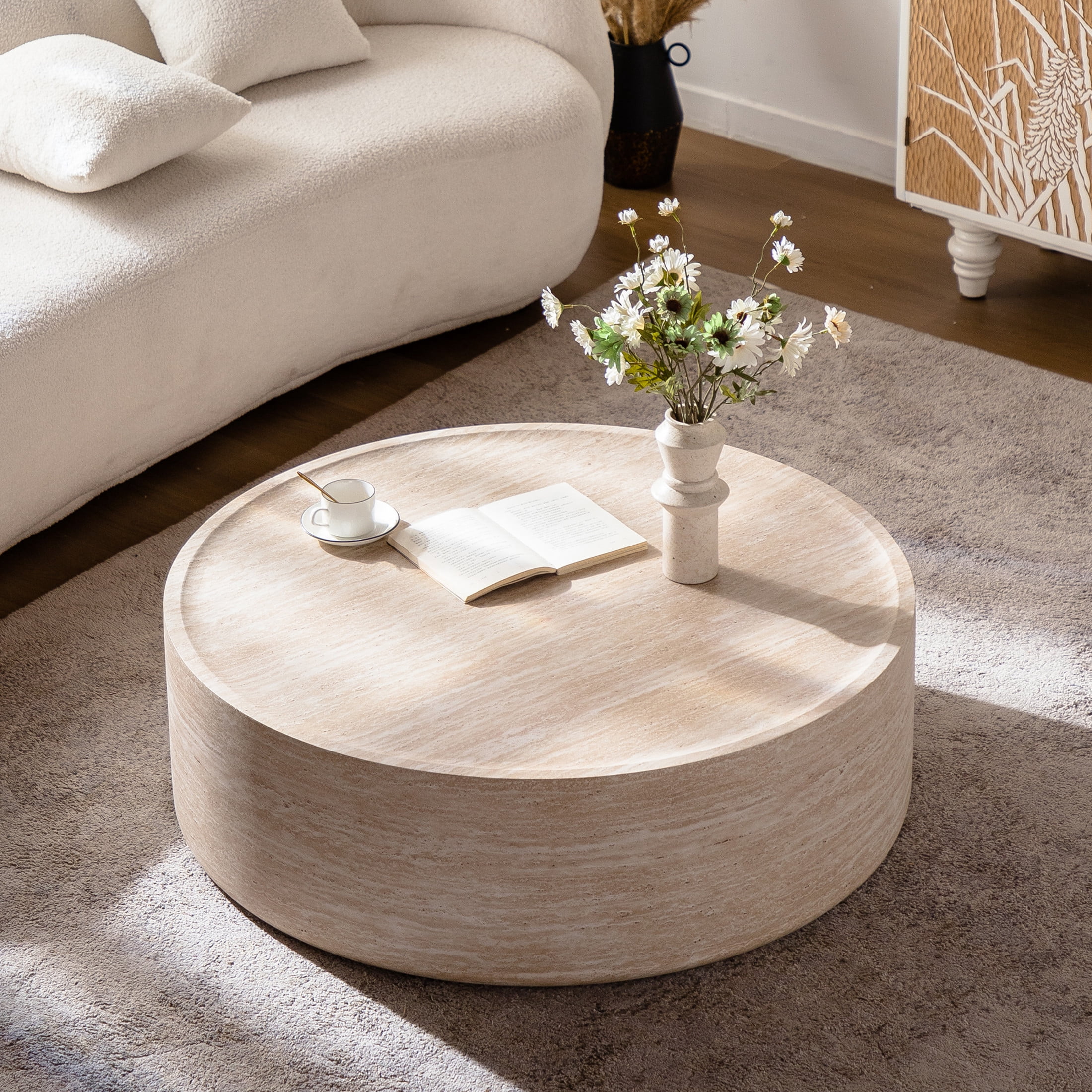 Noble House Xandric 39.37" Round Drum Coffee Table with Mars Pattern, Modern Magnesium Oxide Accent Table, Amber