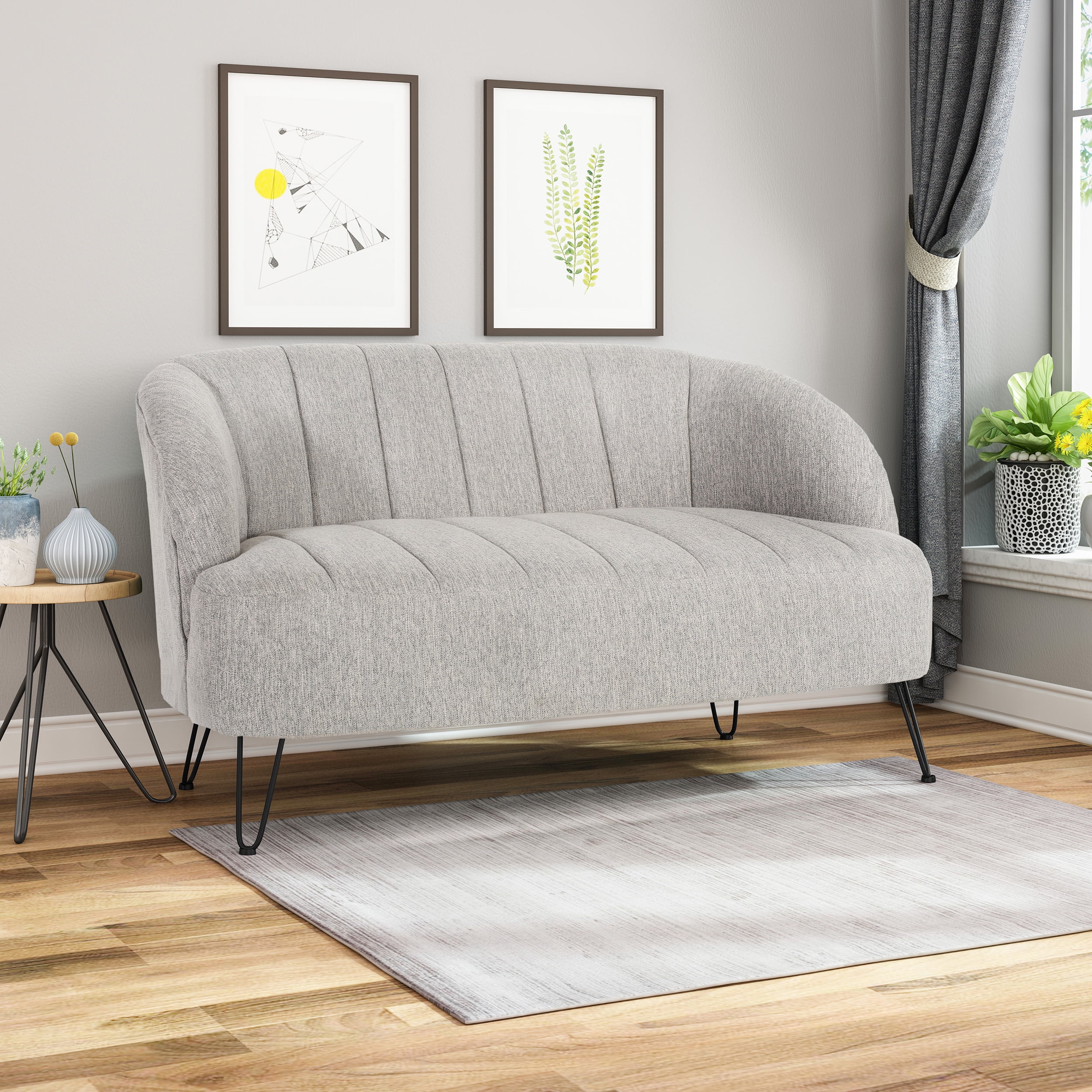 Noble House Yareli Fabric Loveseat with Hairpin Legs, Light Gray