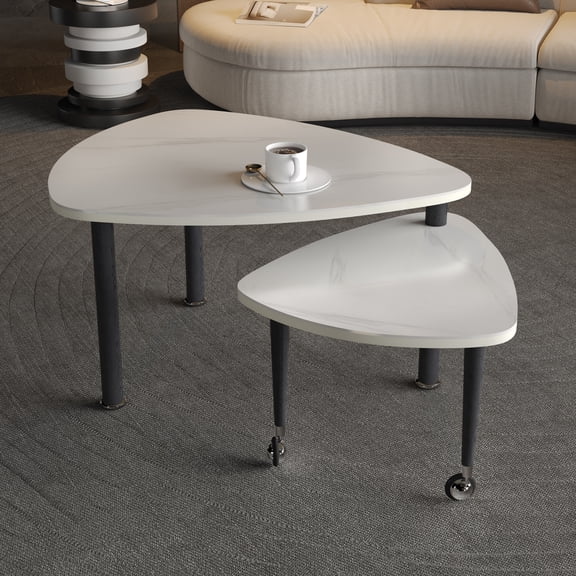 Noble House Yorke 37.4" 360° Rotating Nesting Coffee Table, Modern Sintered Stone Top, Rubberwood Legs, White & Black