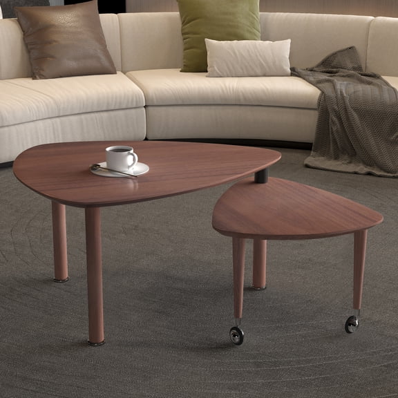 Noble House Yorke 37.4" 360° Rotating Nesting Coffee Table, Modern Wooden Top, Rubberwood Legs, Walnut