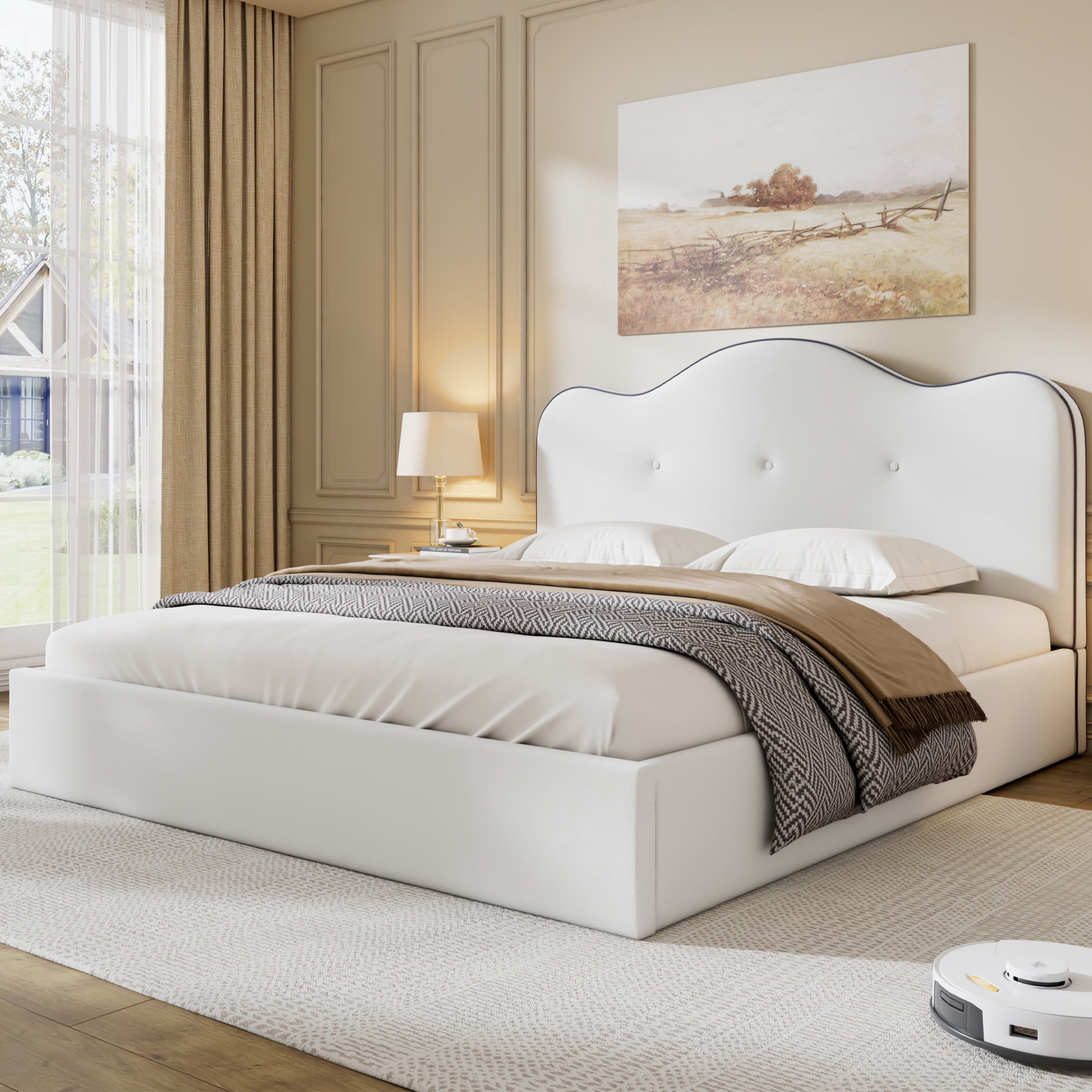 Noble House Zahra Queen Size Velvet Upholstered Platform Bed, Pine Wood Bed Frame with Foam Headboard, Beige