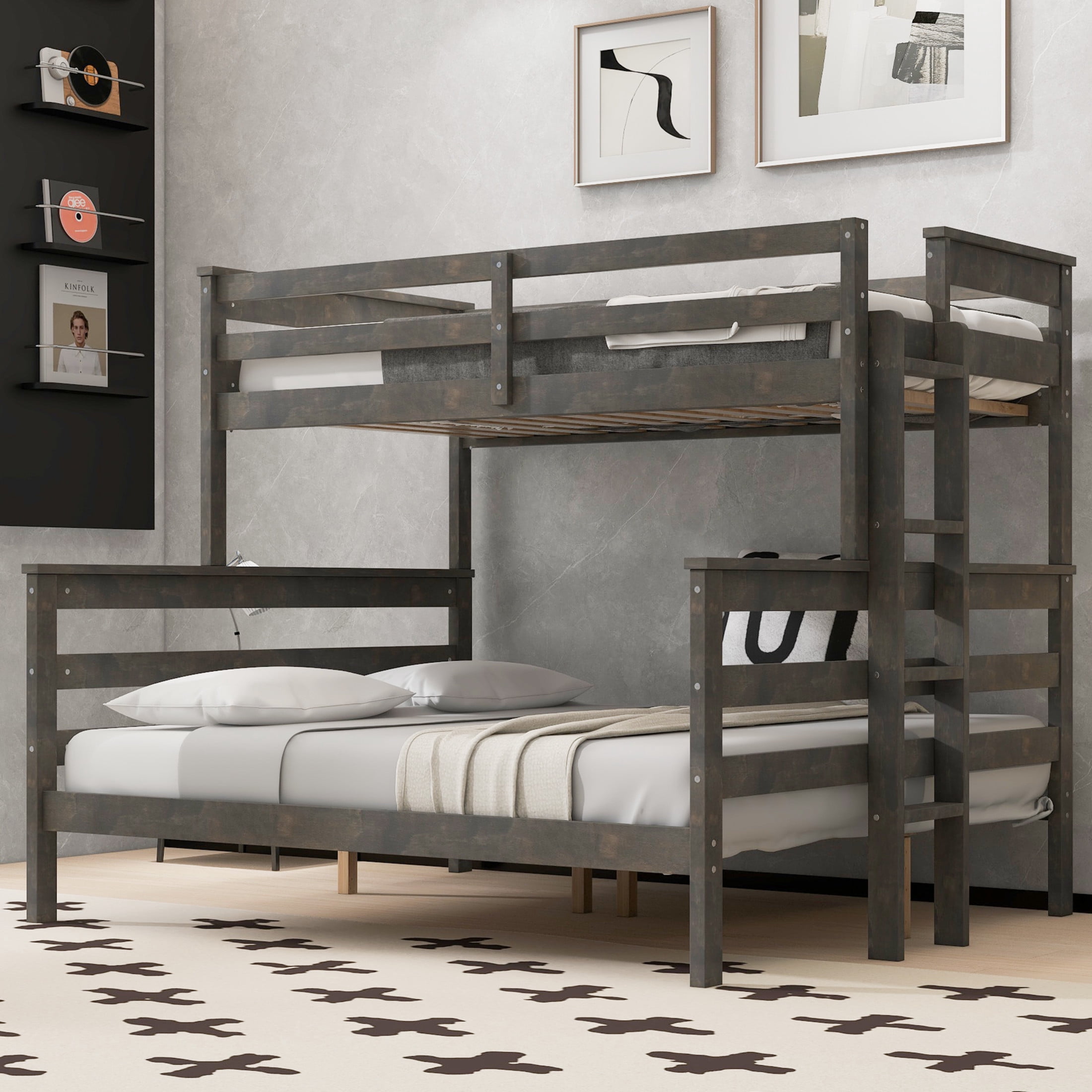 Noble House Zahra Twin XL over Queen Bunk Bed, Detachable Stacked Bunk Bed with Built-in Ladder, Grey