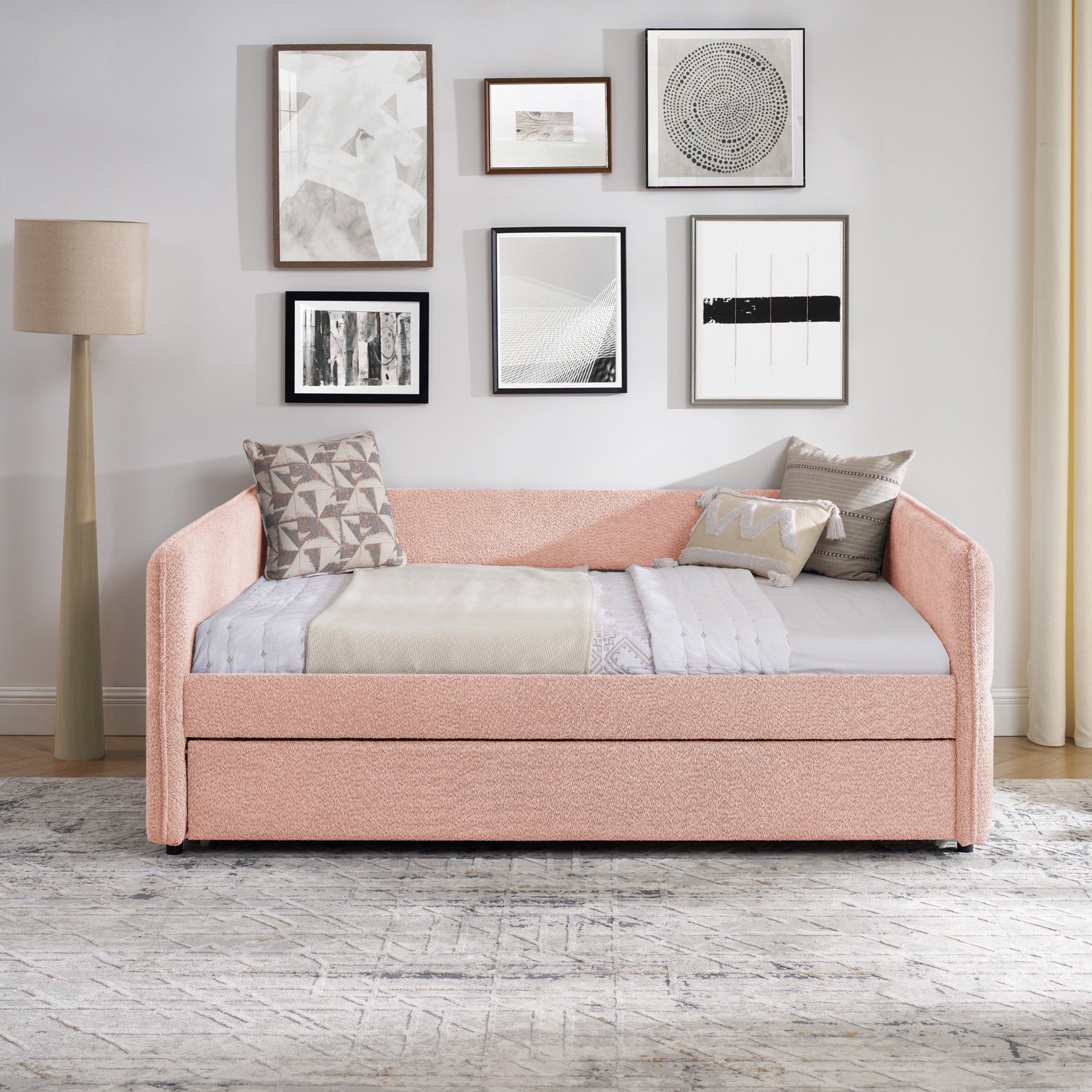 Noble House Zenton Full Size Boucle Daybed, Tufted Sofa Bed Frame with Trundle, Modern Guest Sleeper Couch, Pink