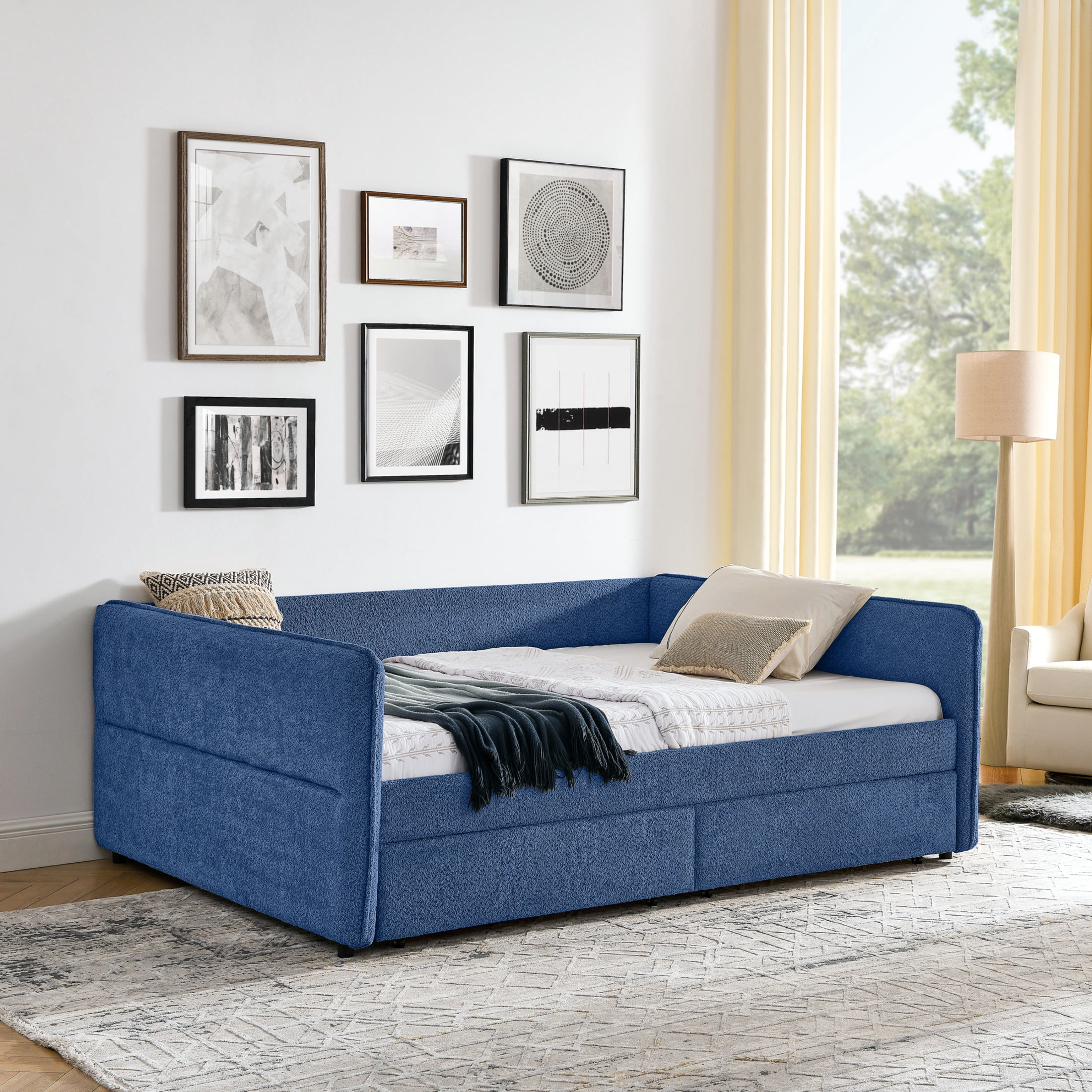 Noble House Zenton Queen Size Boucle Daybed, Upholstered Tufted Sofa Bed Frame with Under-Bed Storage Drawers, Blue