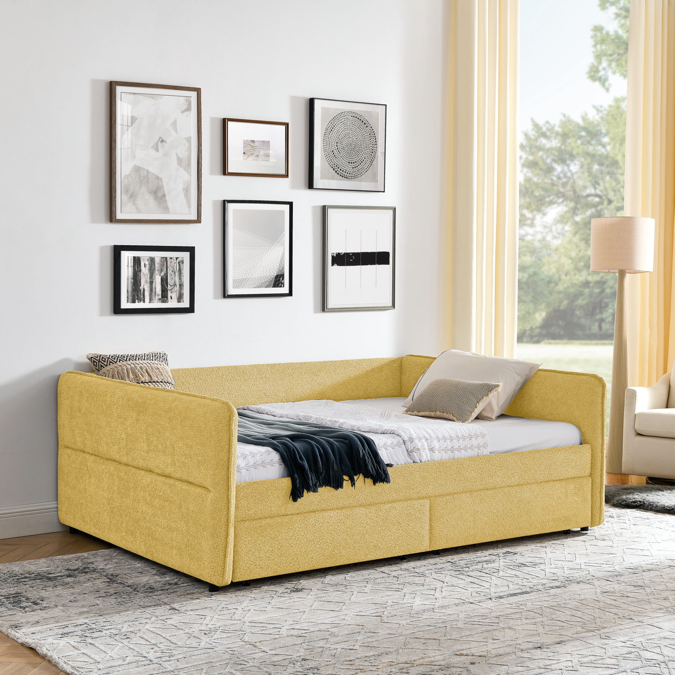 Noble House Zenton Queen Size Boucle Daybed, Upholstered Tufted Sofa Bed Frame with Under-Bed Storage Drawers, Yelllow