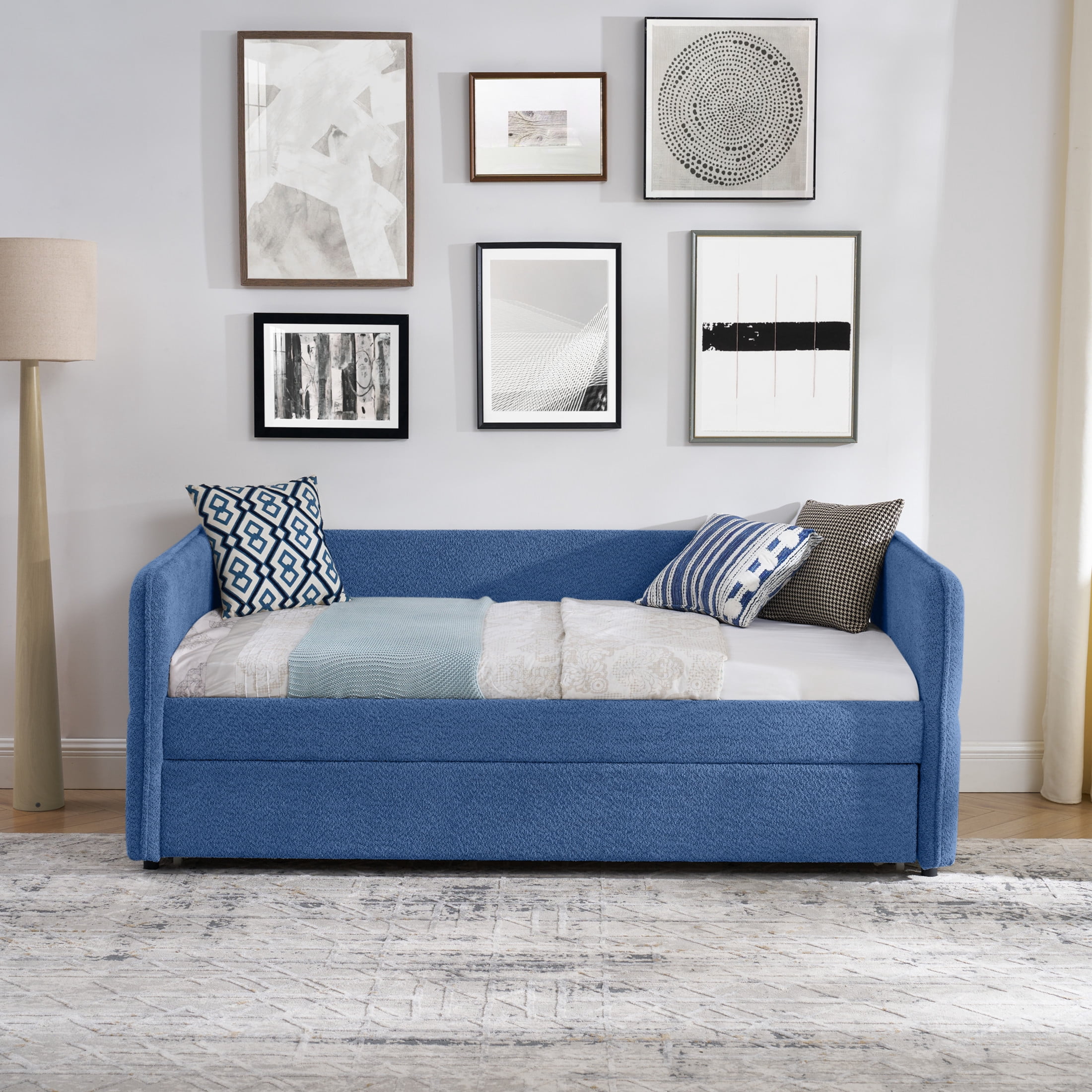 Noble House Zenton Twin Size Boucle Daybed, Tufted Sofa Bed Frame with Trundle, Modern Guest Sleeper Couch, Blue