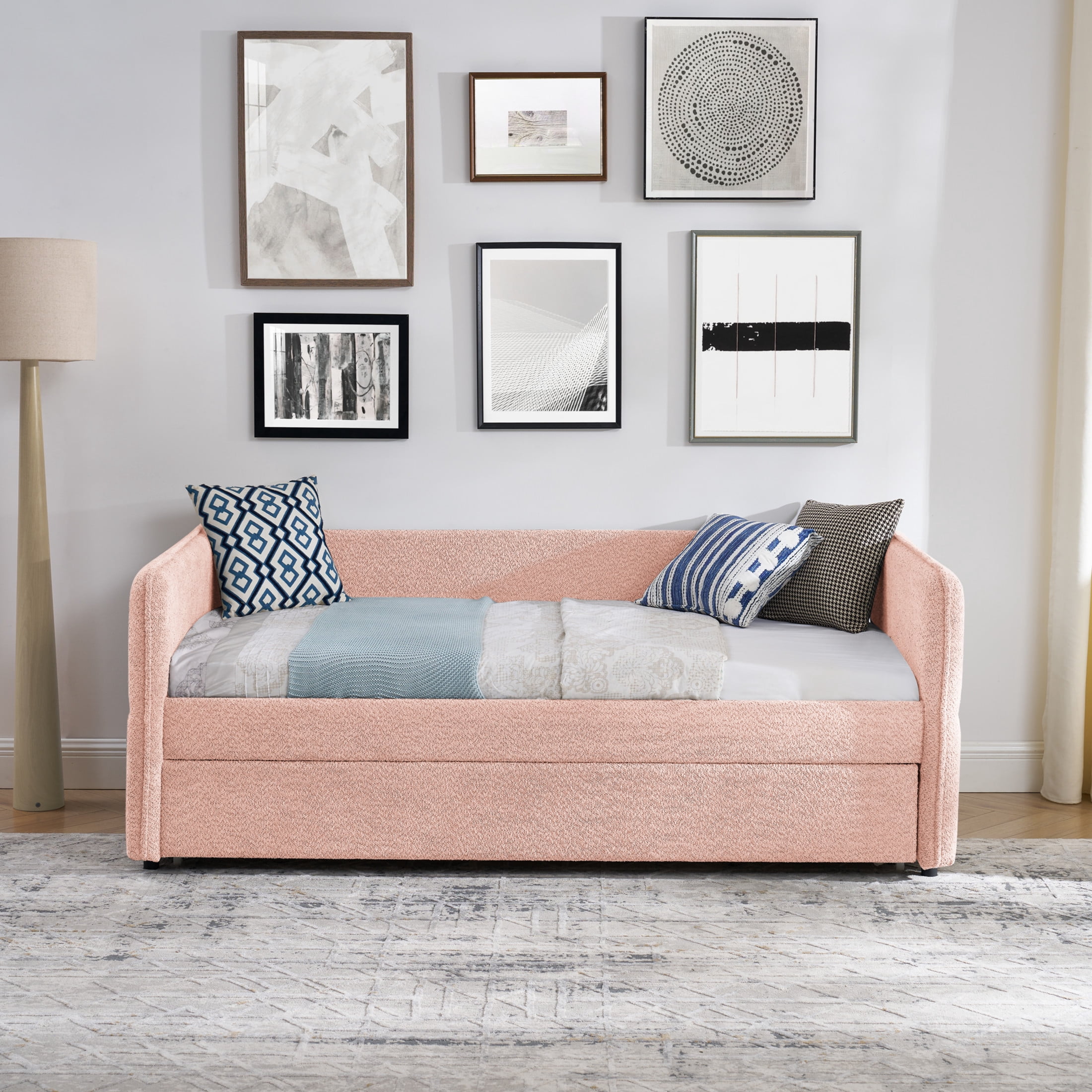 Noble House Zenton Twin Size Boucle Daybed, Tufted Sofa Bed Frame with Trundle, Modern Guest Sleeper Couch, Pink