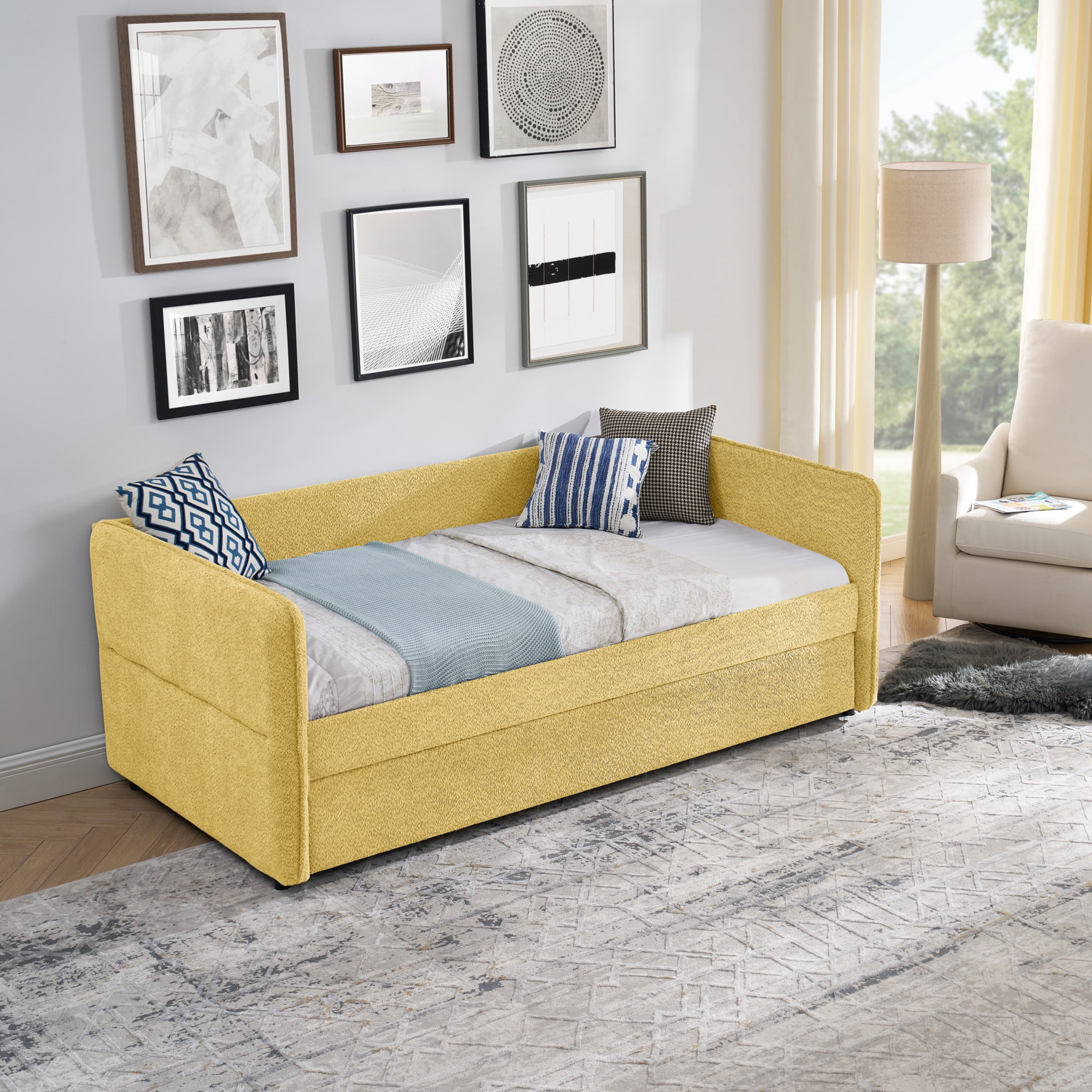 Noble House Zenton Twin Size Boucle Daybed, Tufted Sofa Bed Frame with Trundle, Modern Guest Sleeper Couch, Yellow