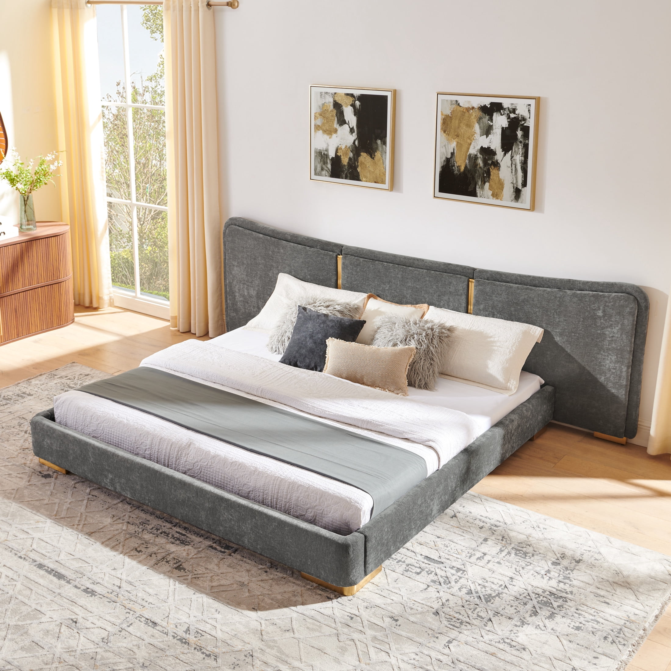 Noble House Zerra King Size Platform Bed, Chenille Upholstered Curved Headboard with Reinforced Metal Legs, Dark Gray