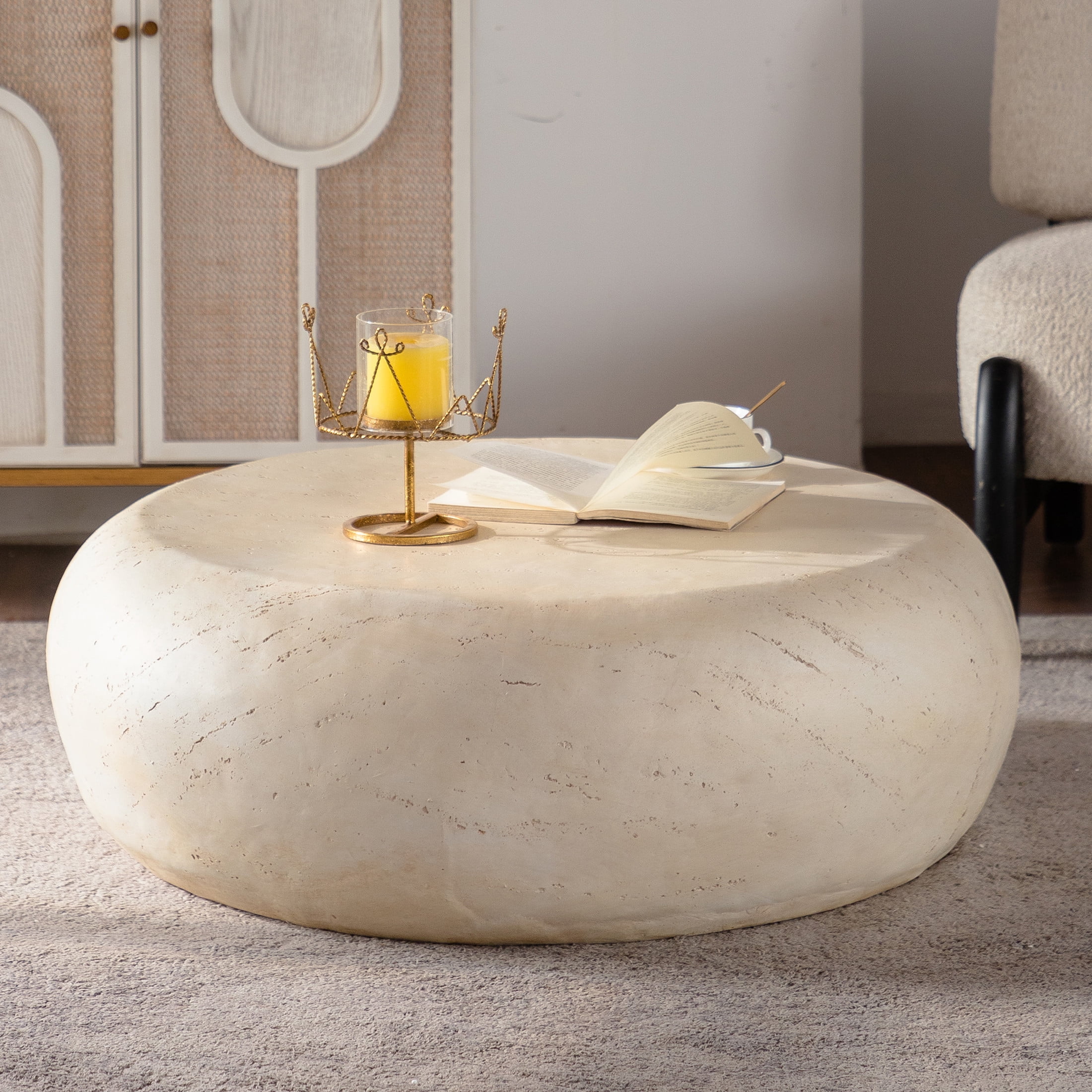 Noble House Zerra Mid-Century Round MgO Coffee Table, Vintage Faux Stone Centre Table, Living Room, Amber