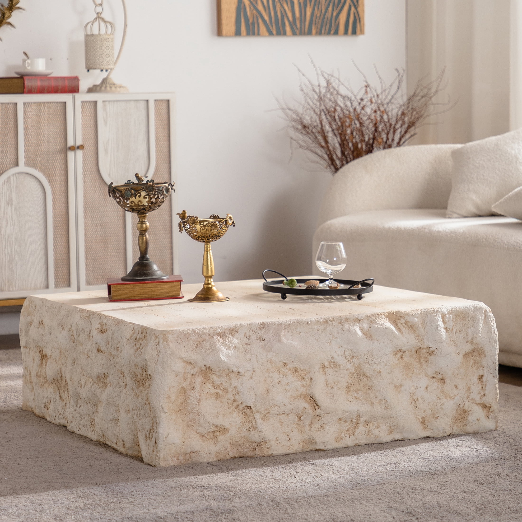 Noble House Zerra Mid-Century Square MgO Coffee Table, Vintage Faux Stone Centre Table, Living Room, Amber