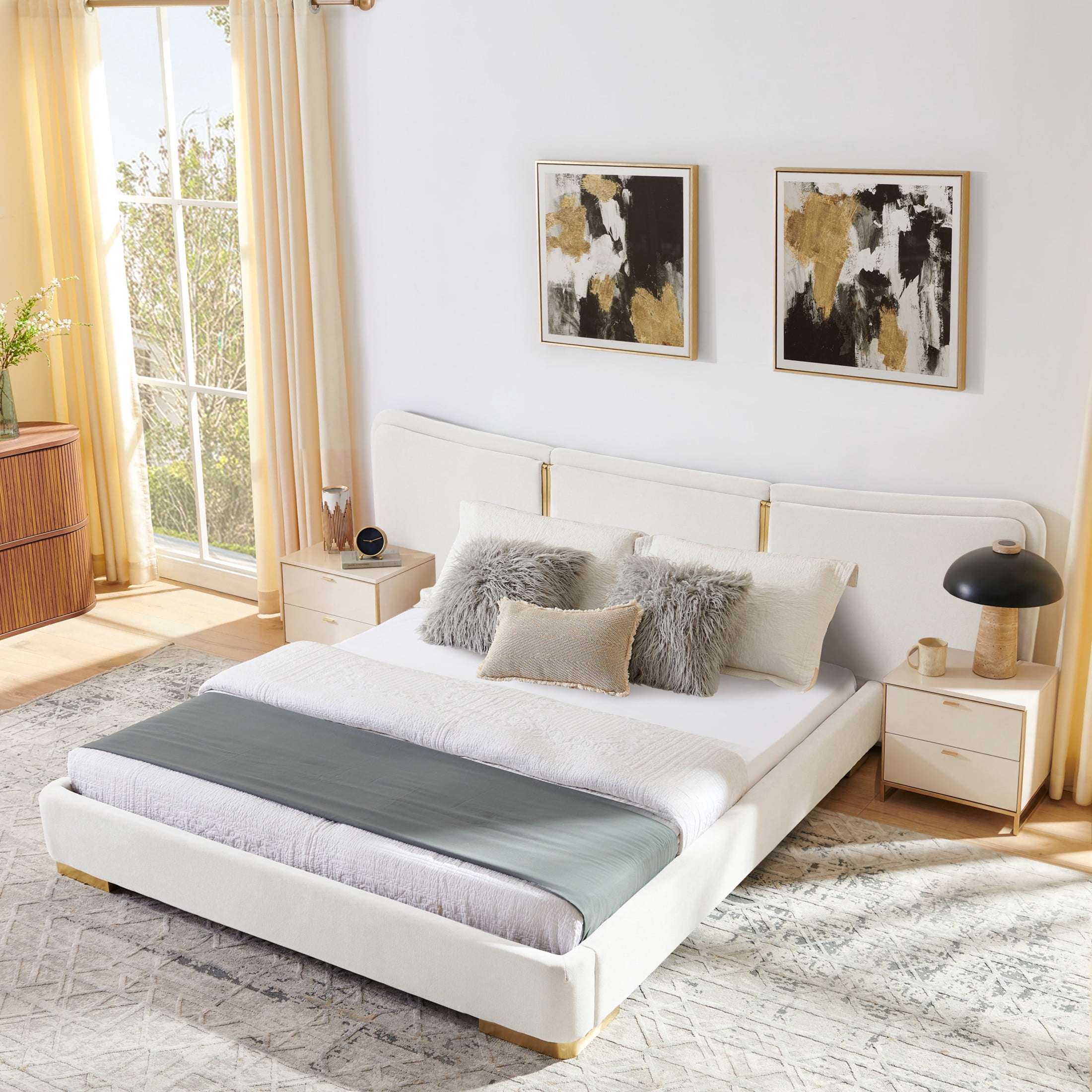 Noble House Zerra Queen Size Platform Bed, Chenille Upholstered Curved Headboard with Reinforced Metal Legs, Beige