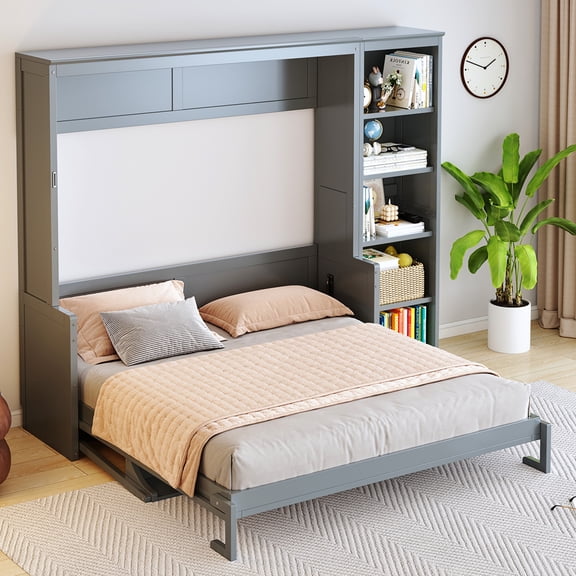 Noble House Zovaro Queen Murphy Bed with Built-in Desk and Integrated Side Bookshelf, Space-Saving Wall Bed, Gray