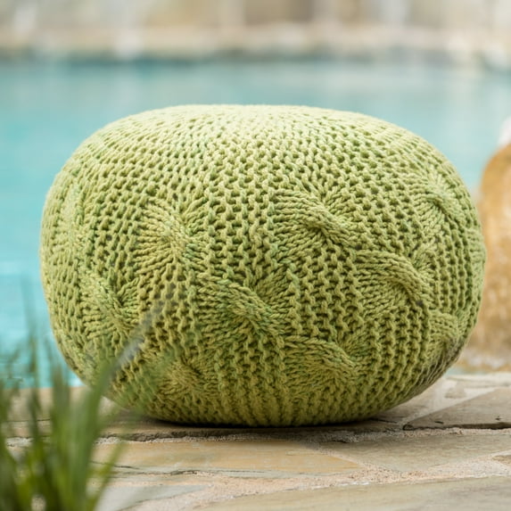 Noble House Zyaire Indoor Outdoor Hand Knitted Weave Fabric Pouf, Lime