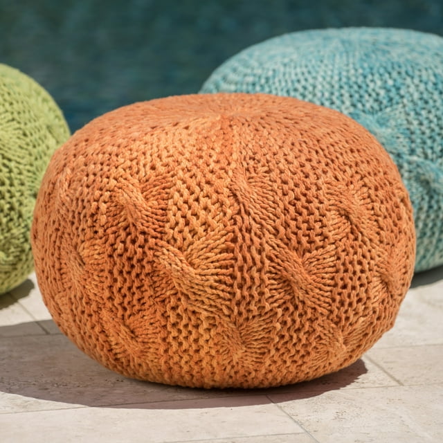 Noble House Zyaire Indoor Outdoor Hand Knitted Weave Fabric Pouf, Orange