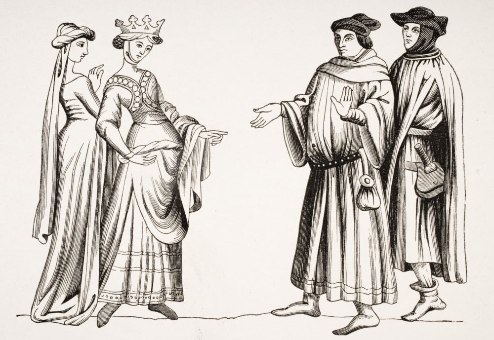 Noble Lady And Maid Of Honour And Two Burgesses With Hoods From Miniature In Merveilles Du Monde Canvas Art - Ken Welsh Design Pics (17 x 12)