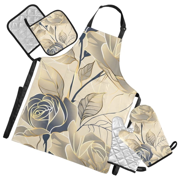 Noble Line Rose 5 Pcs Kitchen Set Heat Resistant Oven Mitts and Non-Slip Pot Holders with Adjustable Cooking Apron