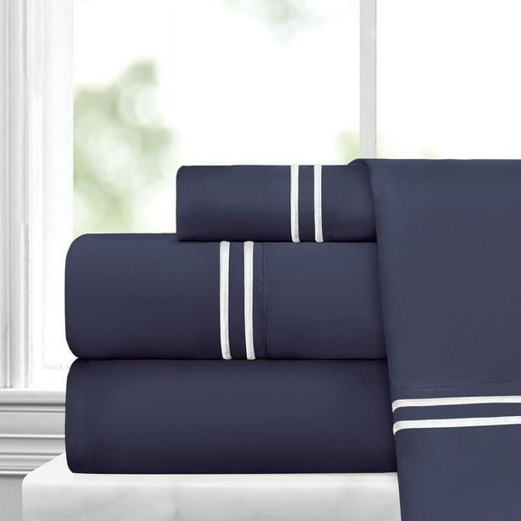 Noble Linen's 4 Piece Sheet Set with Stripe Embroidery