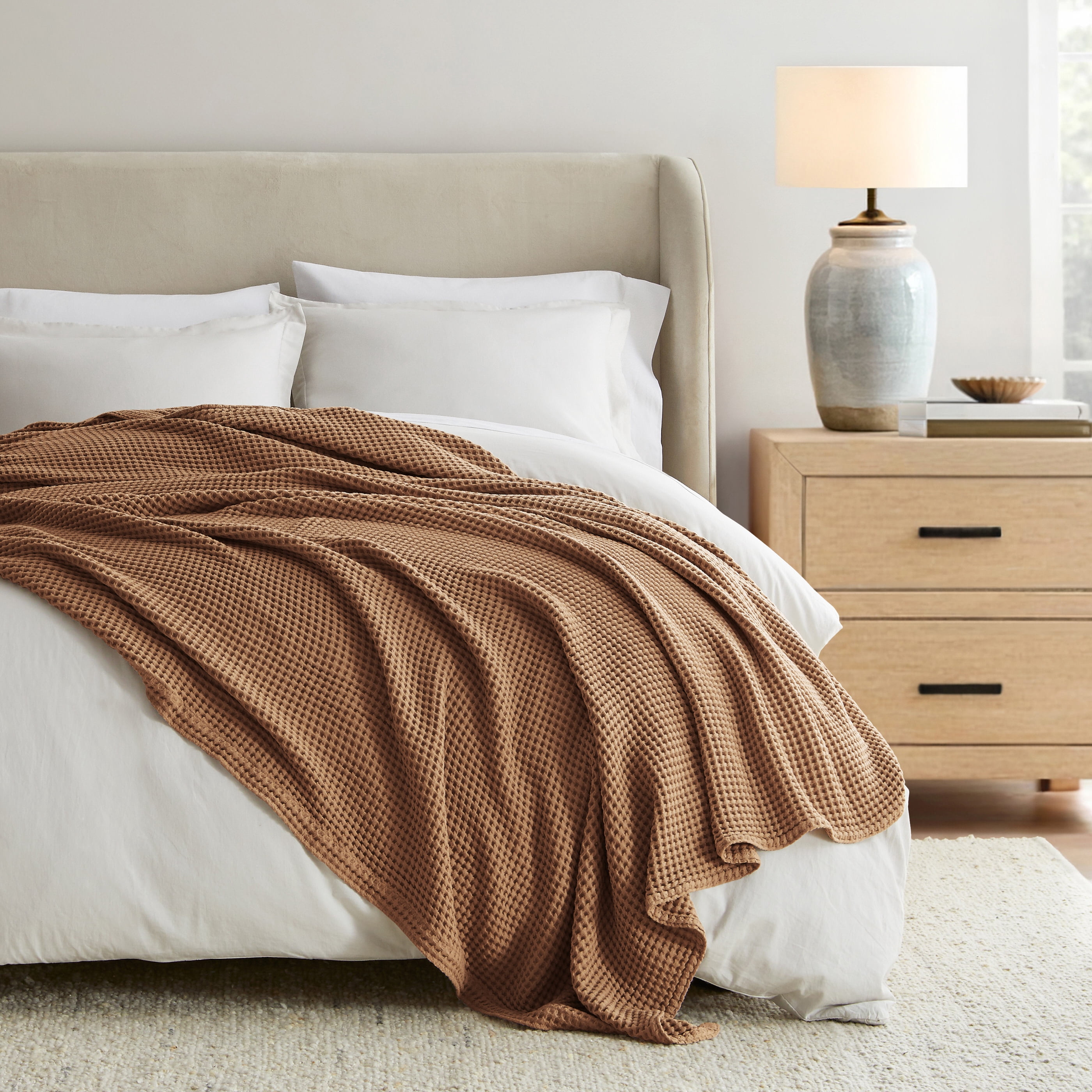 Noble Linens 100% Cotton Waffle Texture Bed Blanket, Mocha, King/Cal King