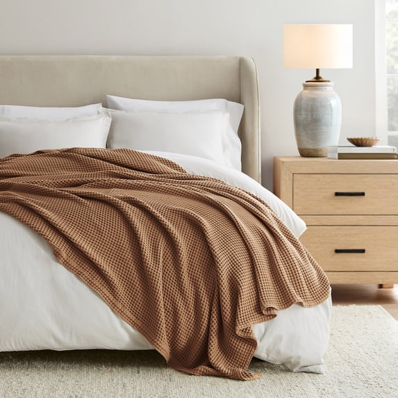 Noble Linens 100% Cotton Waffle Texture Bed Blanket, Mocha, King/Cal King