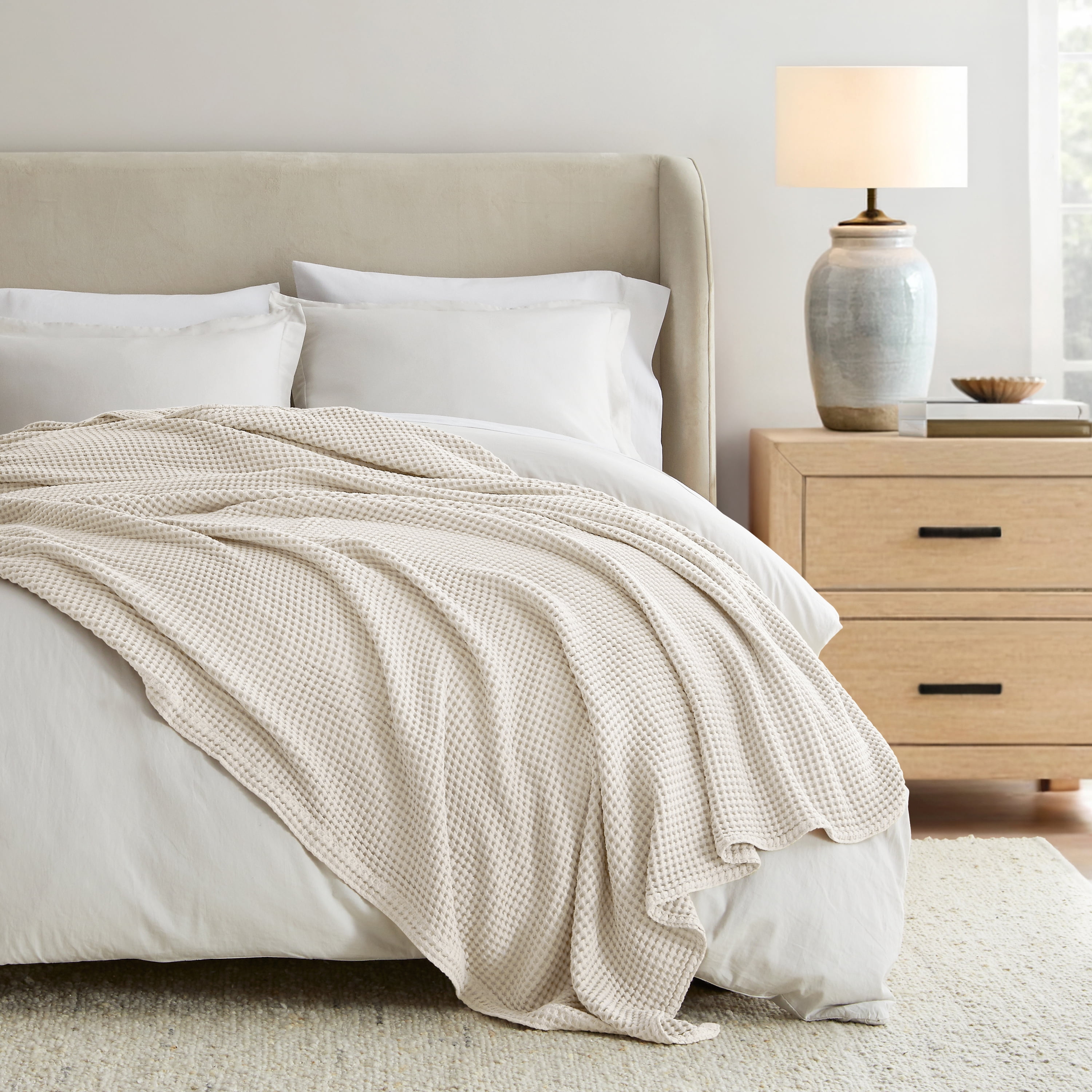 Noble Linens 100% Cotton Waffle Texture Bed Blanket, Natural, King/Cal King