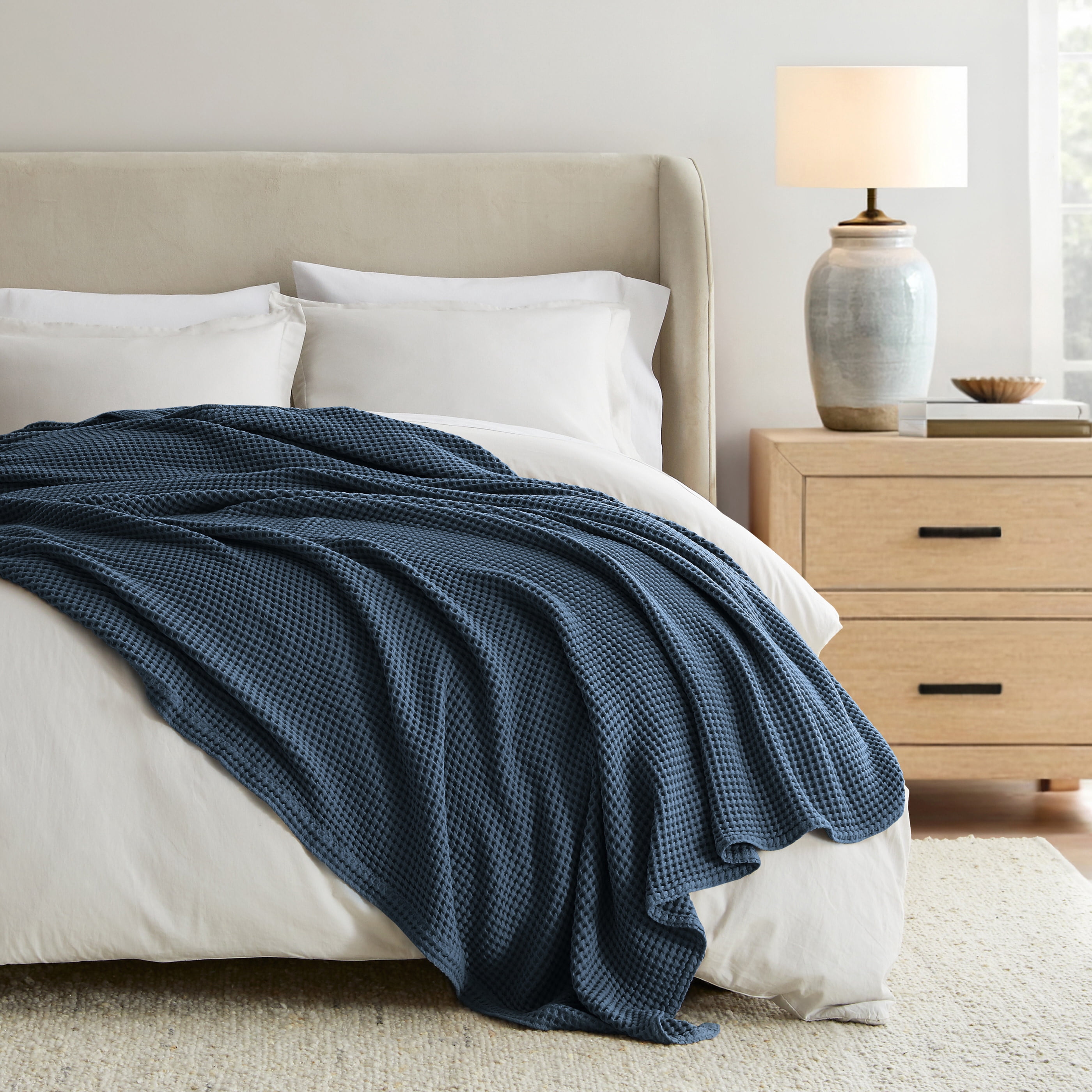 Noble Linens 100% Cotton Waffle Texture Bed Blanket, Navy, King/Cal King