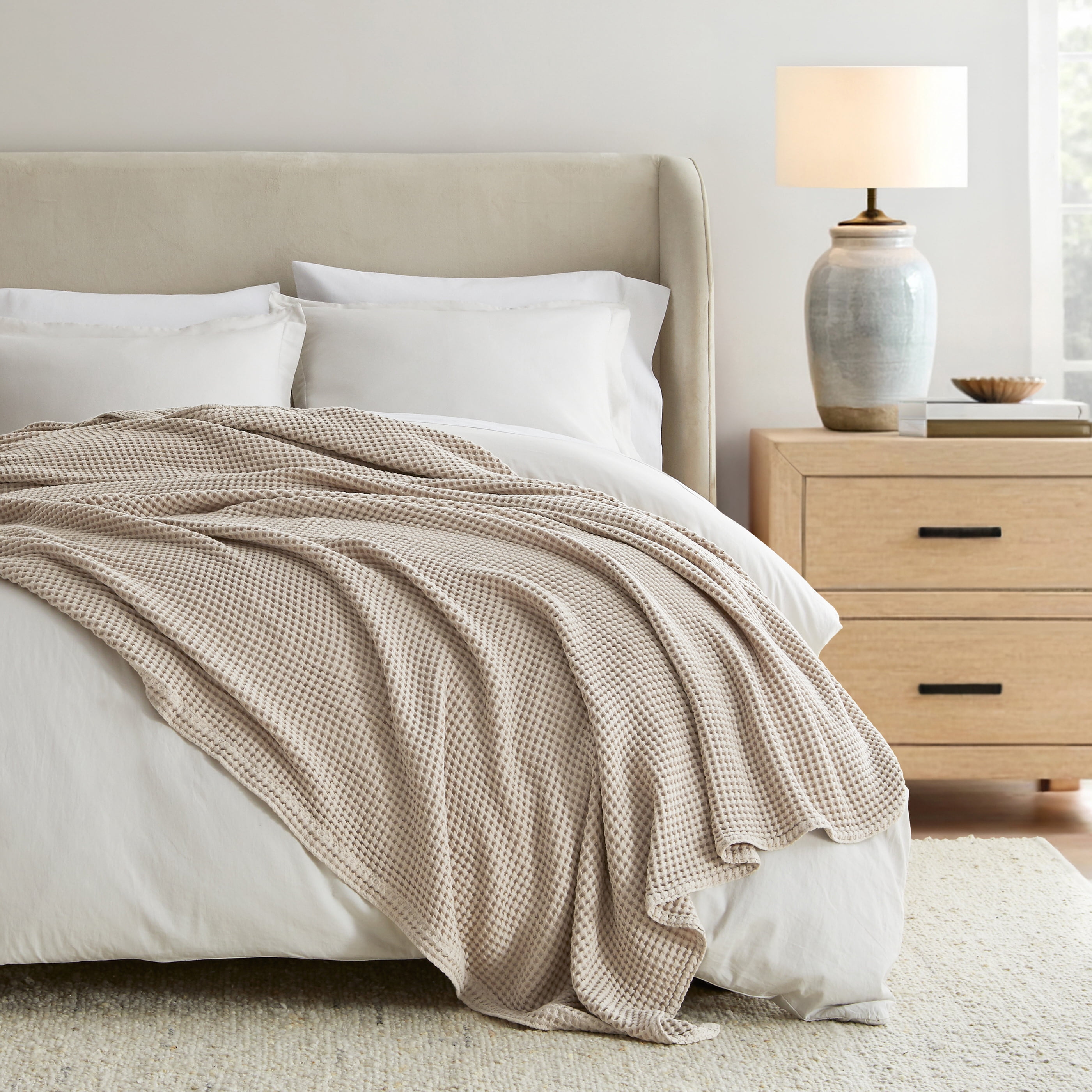 Noble Linens 100% Cotton Waffle Texture Bed Blanket, Tan, Full/Queen