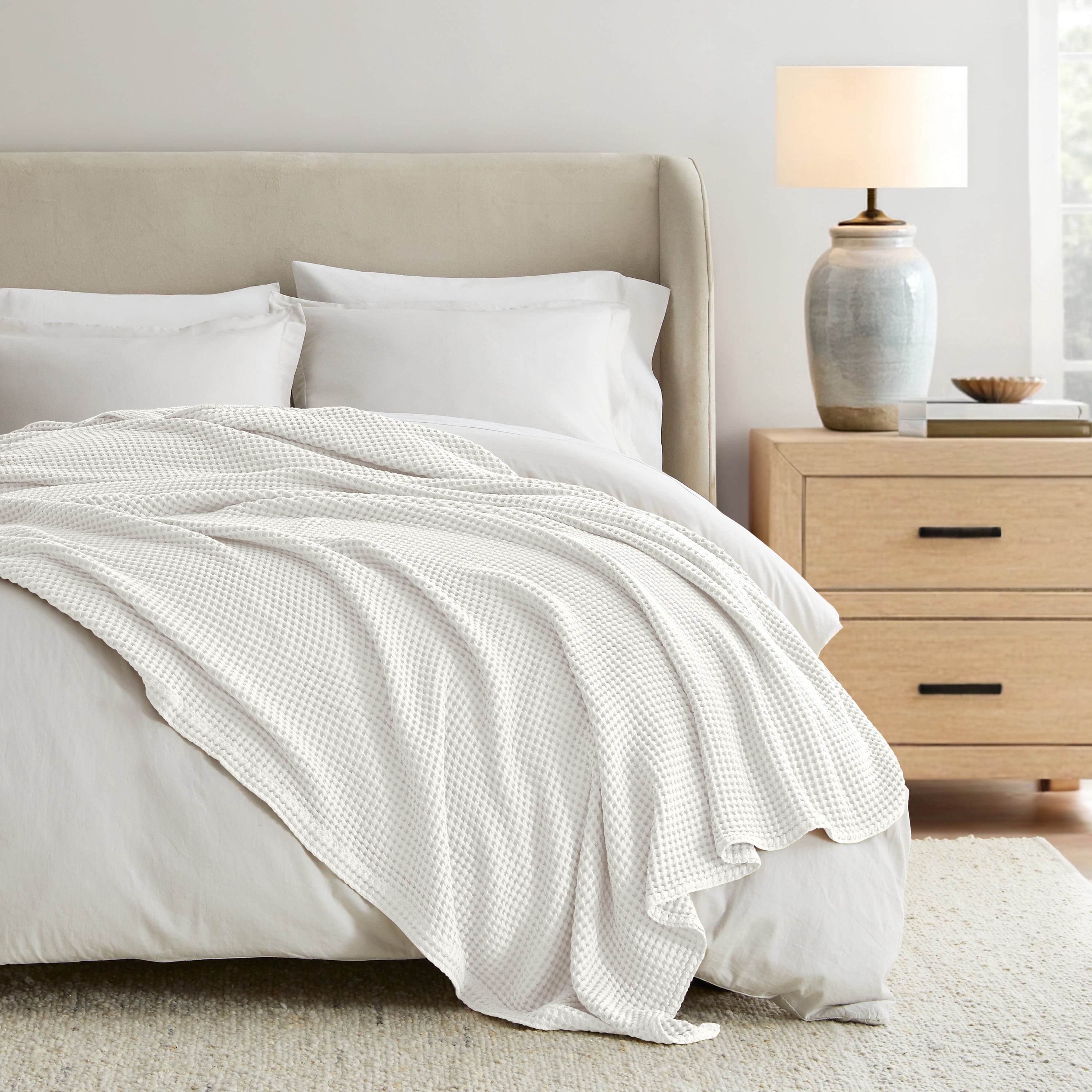 Noble Linens 100% Cotton Waffle Texture Bed Blanket, White, Full/Queen