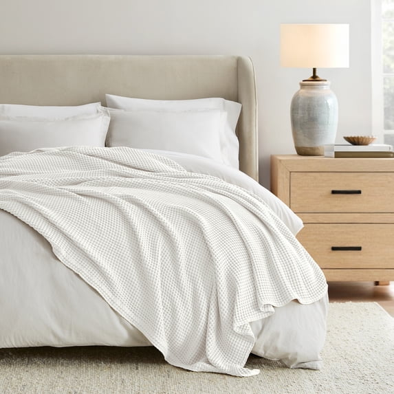 Noble Linens 100% Cotton Waffle Texture Bed Blanket, White, Full/Queen
