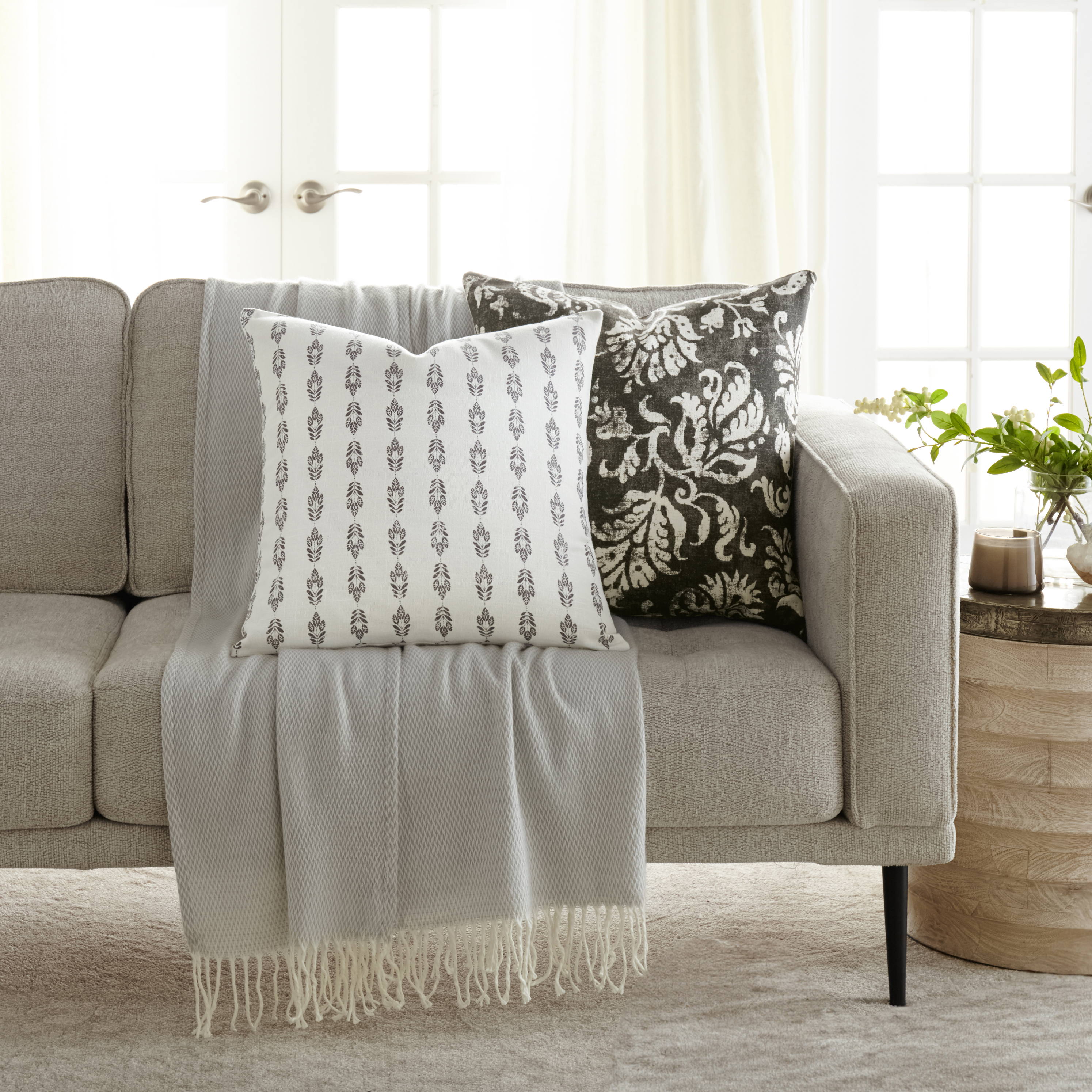 Noble Linens 2-Pack Cotton Slub Decor Throw Pillows - Distressed Floral Charcoal